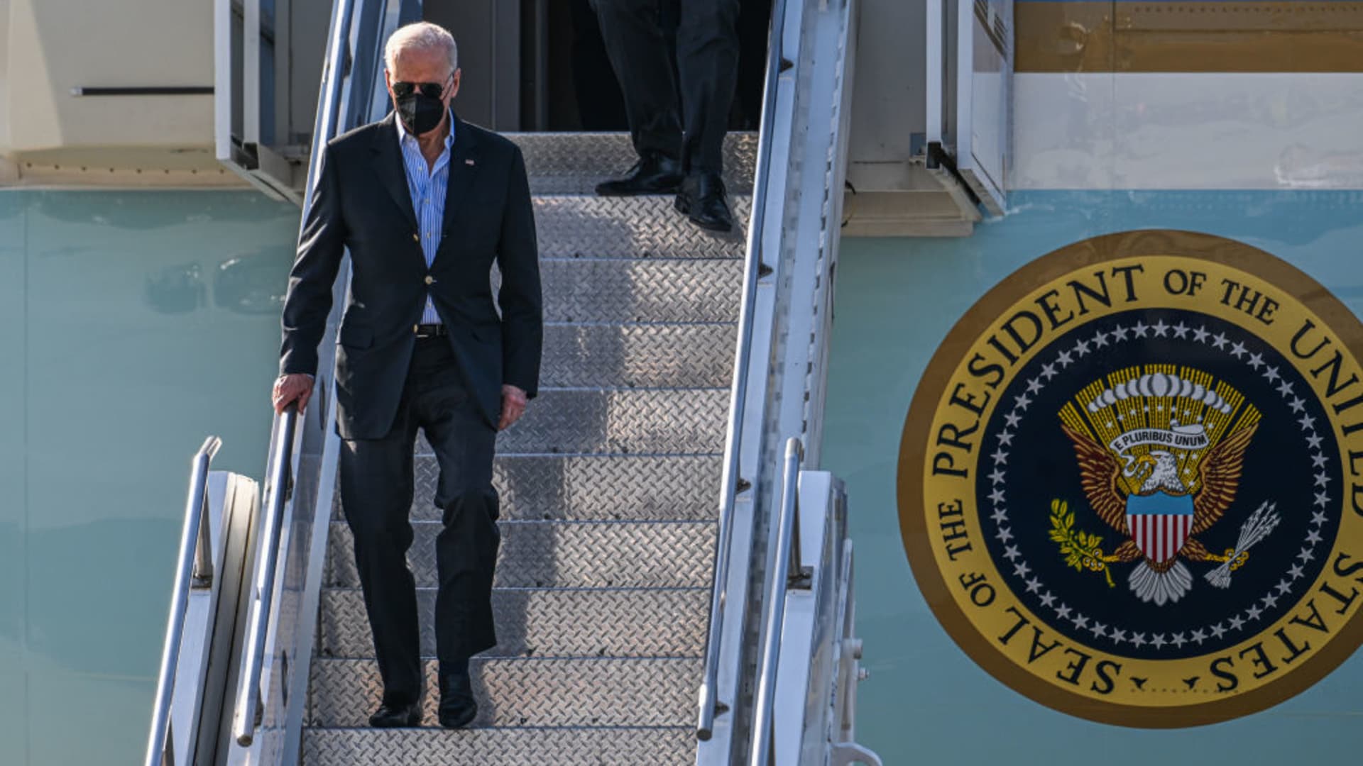 US. President Joe Biden disembarks Air Force One at Rzeszow Airport on March 25, 2022 in Rzeszow, Poland.