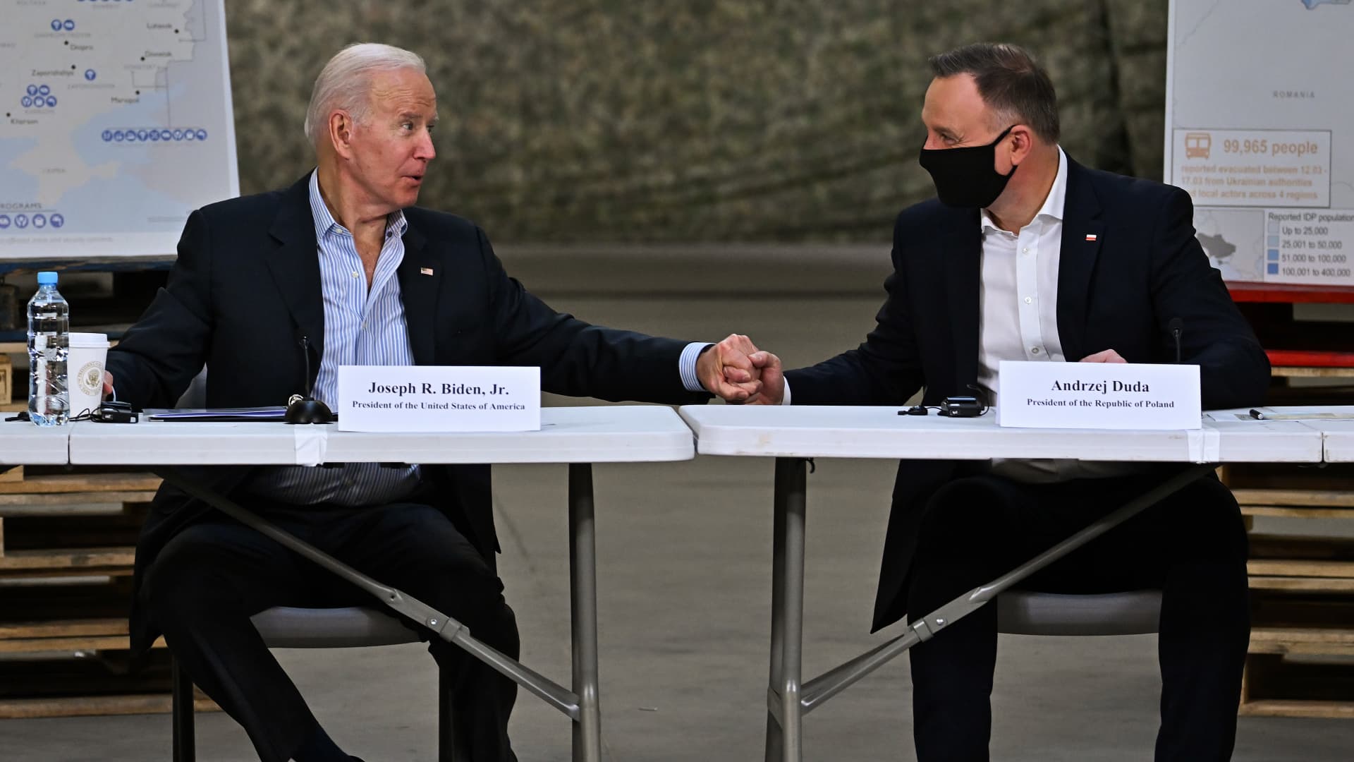 US President Joe Biden meets with the President of Poland, Andrzej Duda on March 25, 2022 in Rzeszow, Poland.