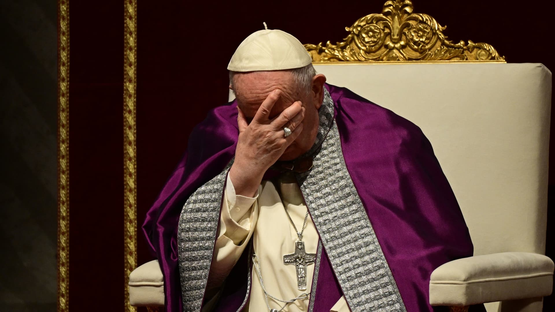 Pope Francis prays during a penitential celebration service at St. Peter's Basilica on March 25, 2022 in The Vatican, during which he is to consecrates Russia and Ukraine to the Immaculate Heart of Mary.