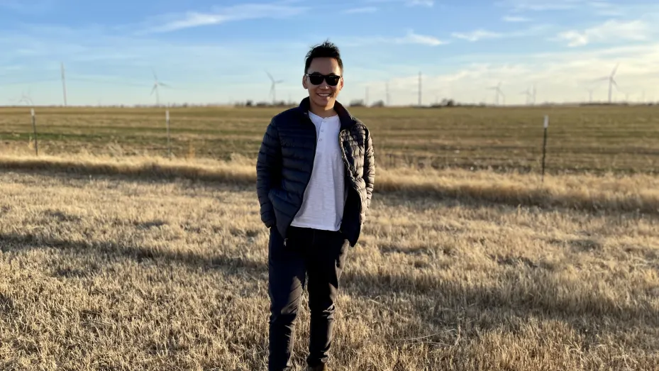Compass Mining customer Eng Taing visits a wind farm in Texas.