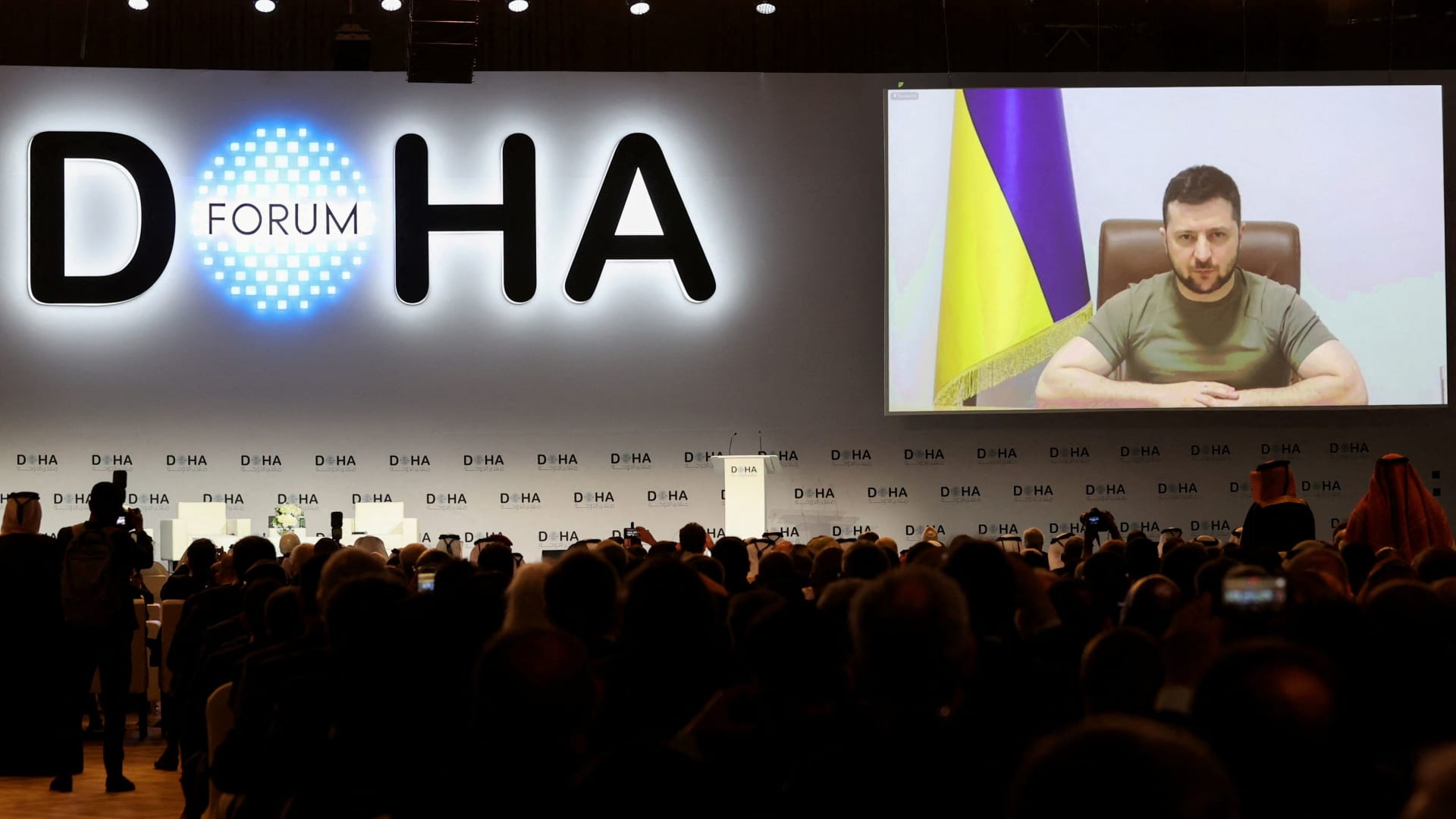 Ukrainian President Volodymyr Zelenskiy addresses the Doha Forum by video link, in Doha, Qatar March 26, 2022. 