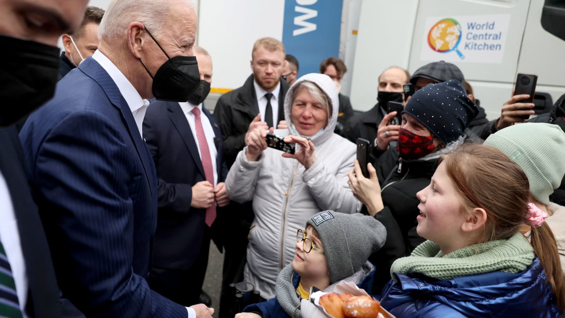 President Joe Biden visits Ukrainian refugees at the PGE National Stadium, in Warsaw, Poland March 26, 2022.