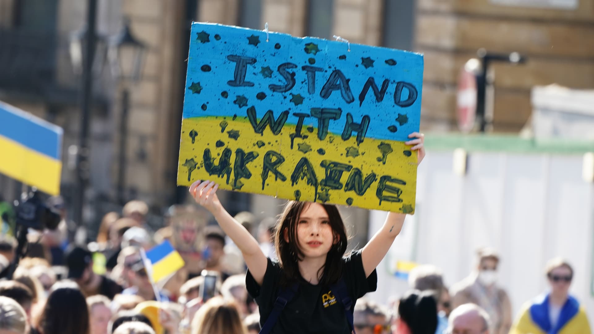 People take part during a solidarity march in London for Ukraine, following the Russian invasion. Picture date: Saturday March 26, 2022.