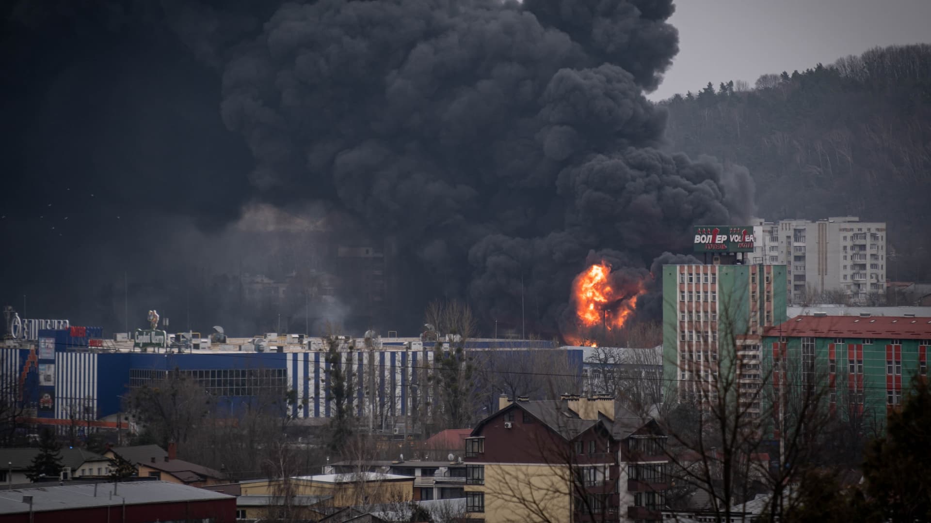 Smoke rises in the western Ukrainian city of Lviv following Russia's attacks on March 26, 2022.