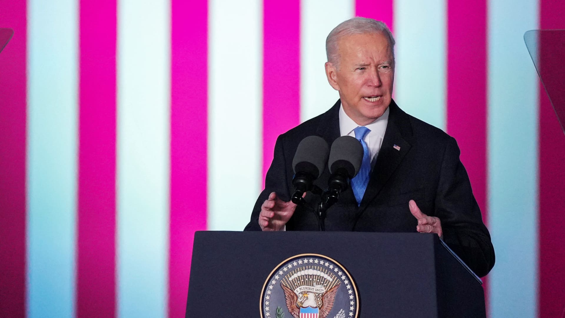 U.S. President Joe Biden speaks during an event at the Royal Castle, amid Russia's invasion of Ukraine, in Warsaw, Poland, March 26, 2022.