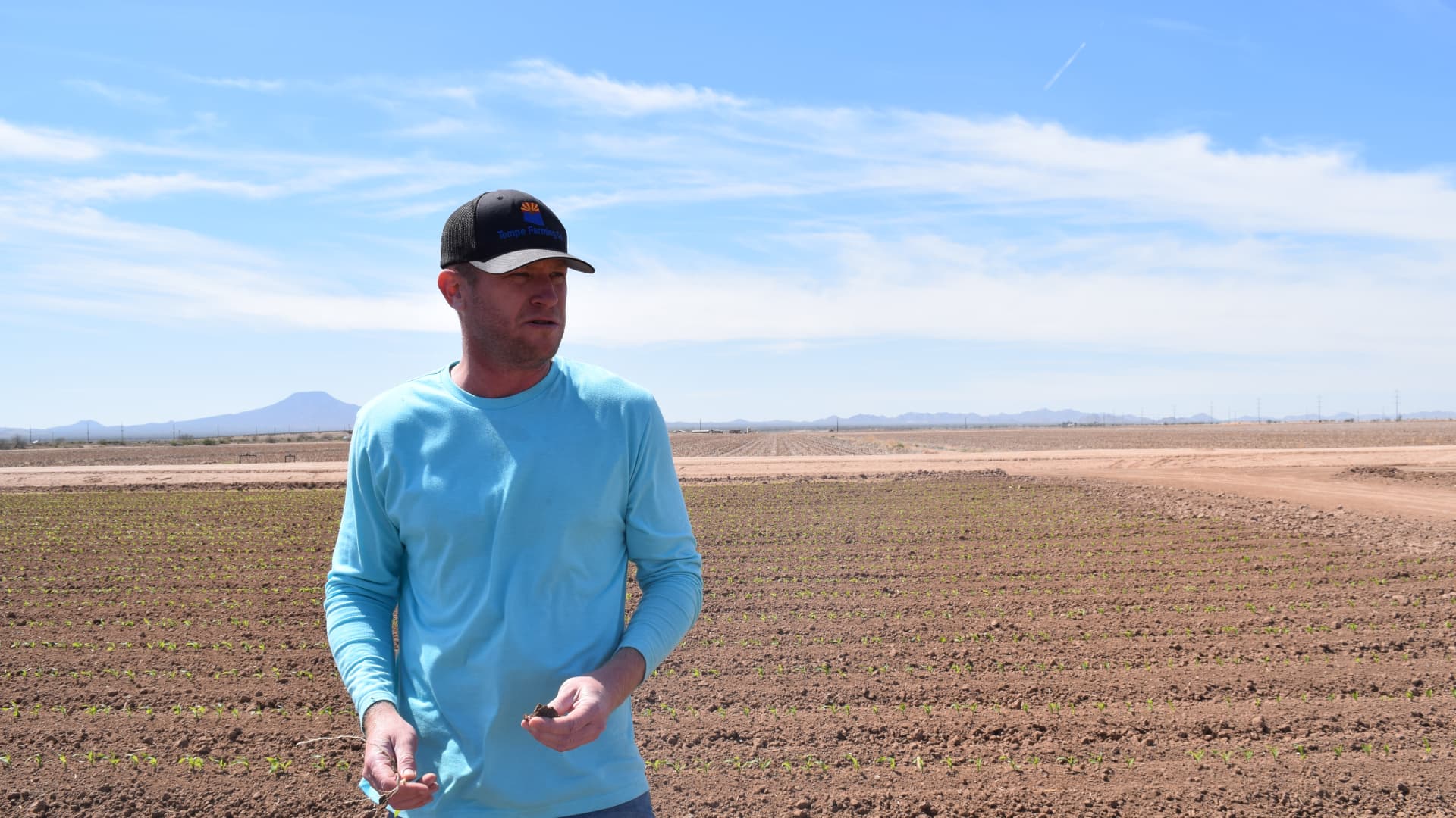 Farmer Will Thelander stands in a newly planted corn field in Casa Grande, Arizona.