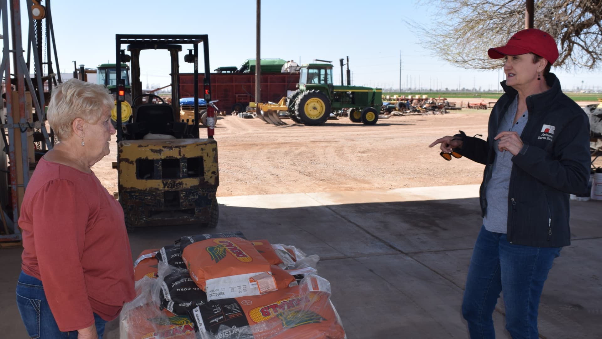 Farmer Nancy Caywood meets with Julie Murphree, outreach director for the Arizona Farm Bureau, in Casa Grande, Arizona.