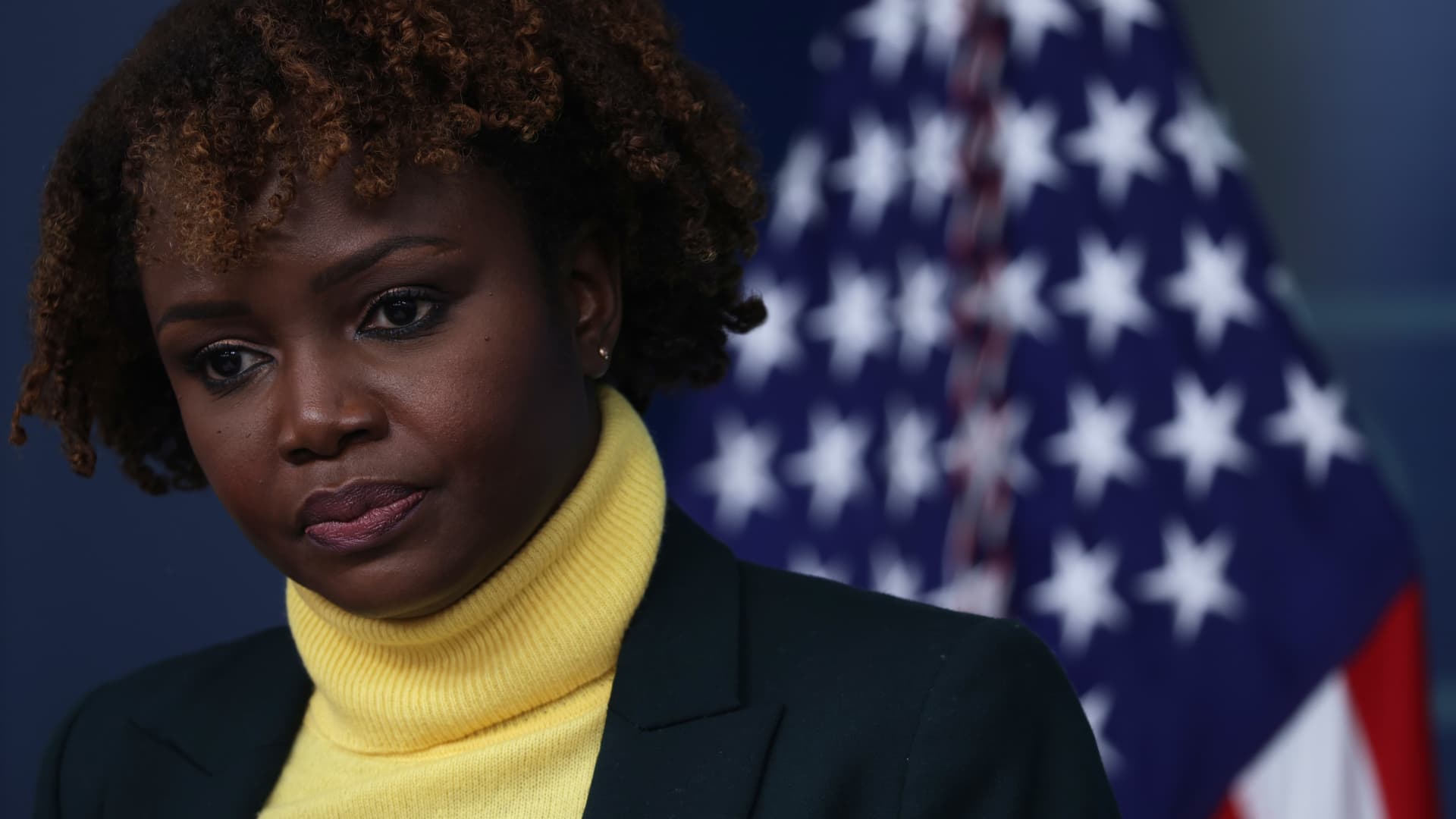 White House Principal Deputy Press Secretary Karine Jean-Pierre conducts a daily press briefing at the James S. Brady Press Briefing Room of the White House on Feb. 14, 2022 in Washington, DC. Jean-Pierre announced on March 27, 2022 that she tested positive for Covid-19.
