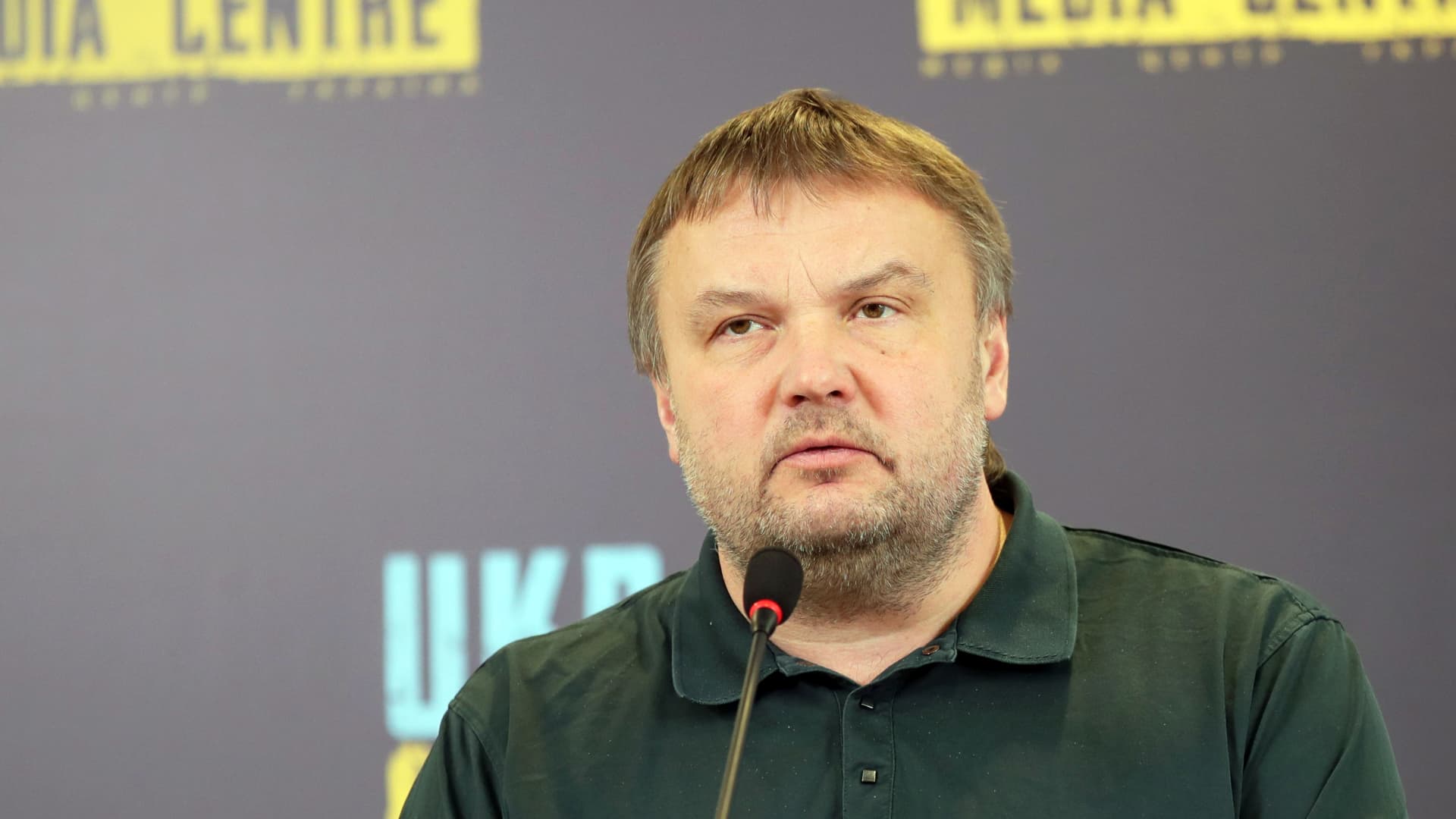 Vadym Denysenko, an advisor to Ukraine's interior minister, speaks during a briefing on March 14, 2022.