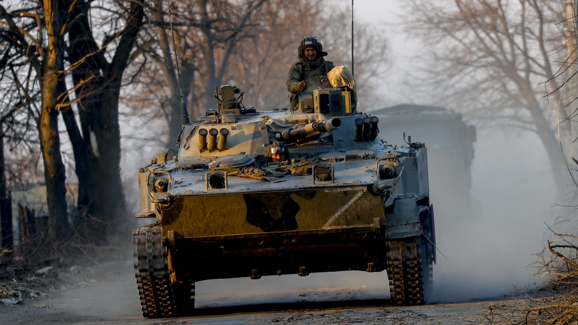 Russian military vehicles patrol in Volnovakha city, one of the cities most affected by the war between Russia and Ukraine that started on February 24, in the Donetsk region of Ukraine, on March 27, 2022.