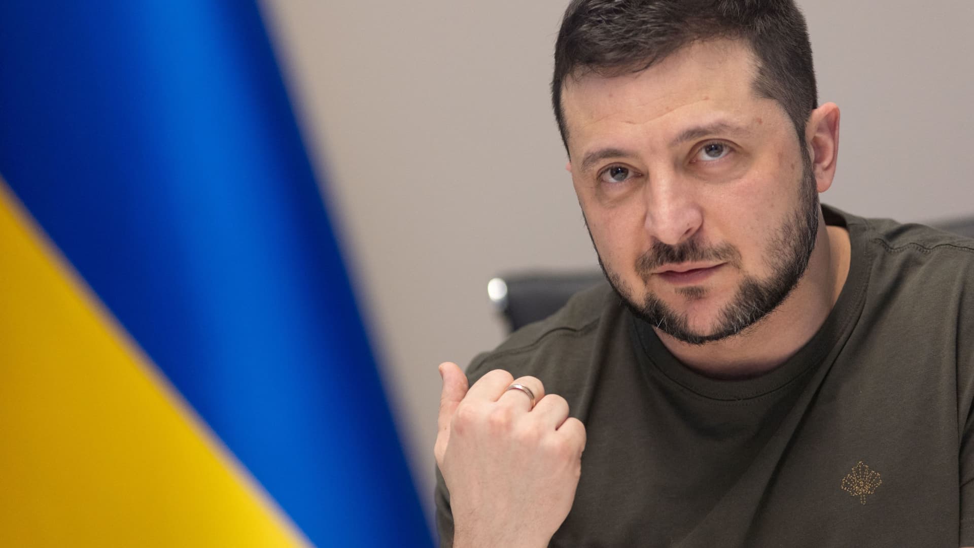 Ukraine's President Volodymyr Zelenskyy attends an interview with some of the Russian media via videolink, as Russia?s attack on Ukraine continues, in Kyiv, Ukraine March 27, 2022.