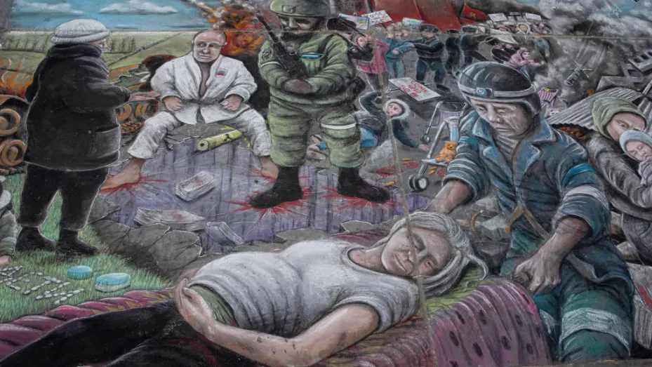 A drawing describing the Russia-Ukraine war on the floor at Trafalgar Square. Demonstrations in support of Ukraine have been ongoing on an everyday basis in London since the Russia-Ukraine War started on 24th February 2022.