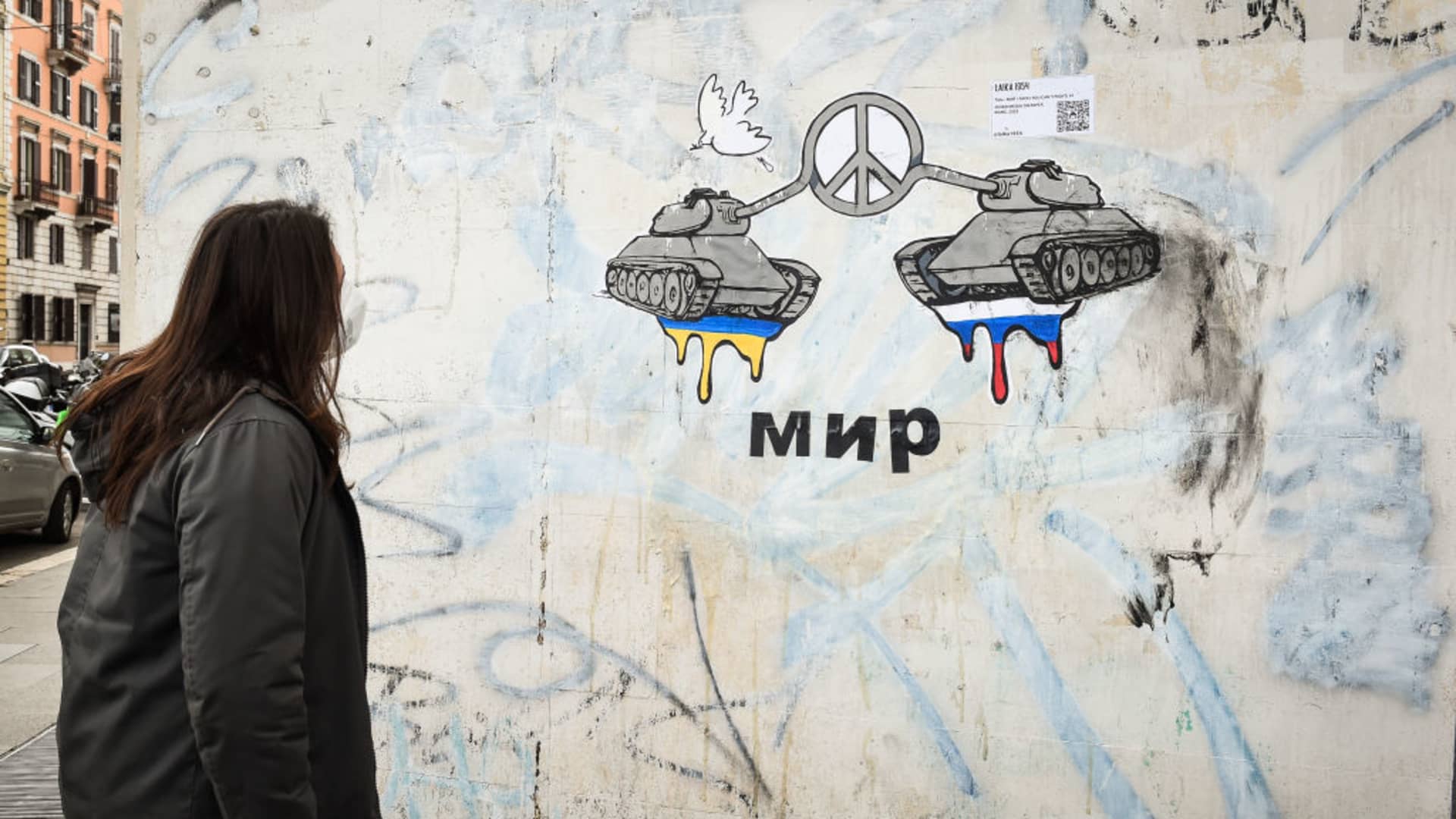 Peace. The new mural by street artist Laika dedicated to the crisis between Russia and Ukraine.