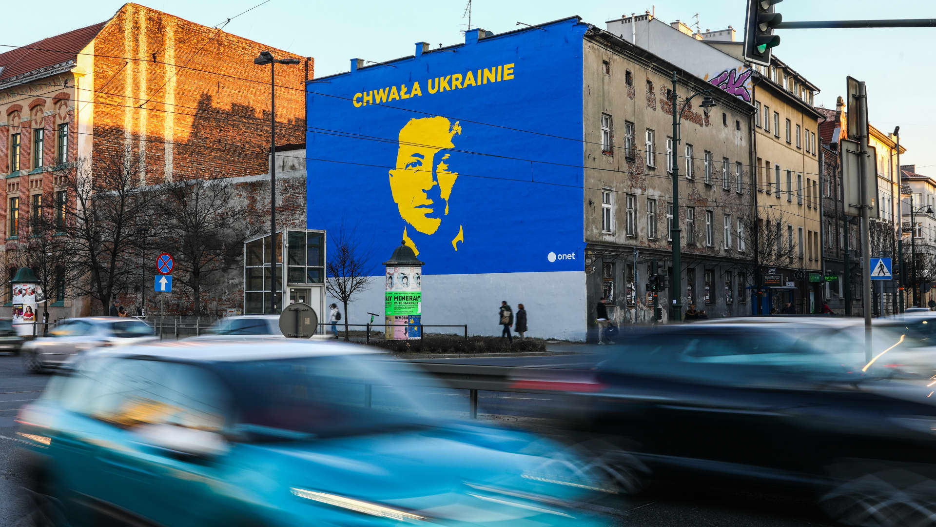 A mural depicting Ukrainian president Volodymyr Zelenskyy and 'Glory to Ukraine' slogan written in Polish is seen in Krakow, Poland on 22 March, 2022.