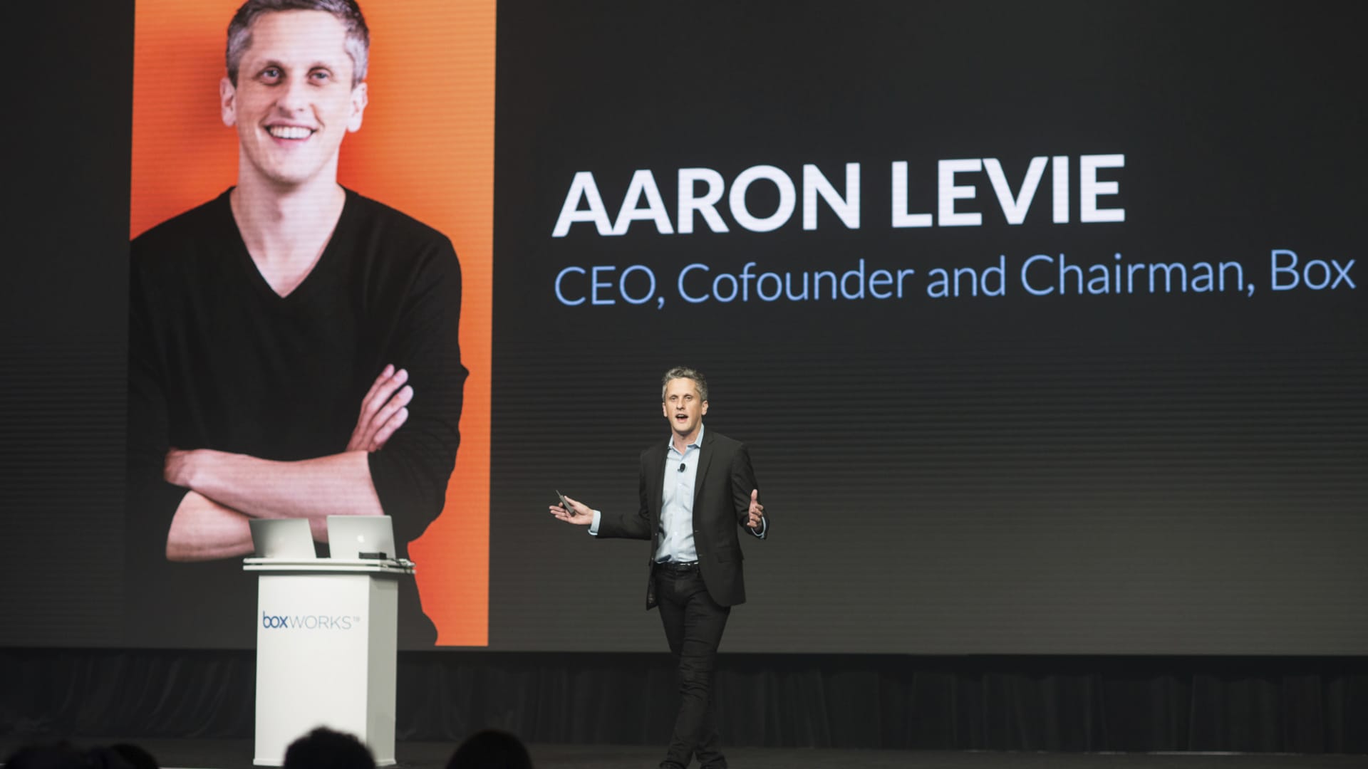 Box CEO Aaron Levie speaking at BoxWorks in 2018