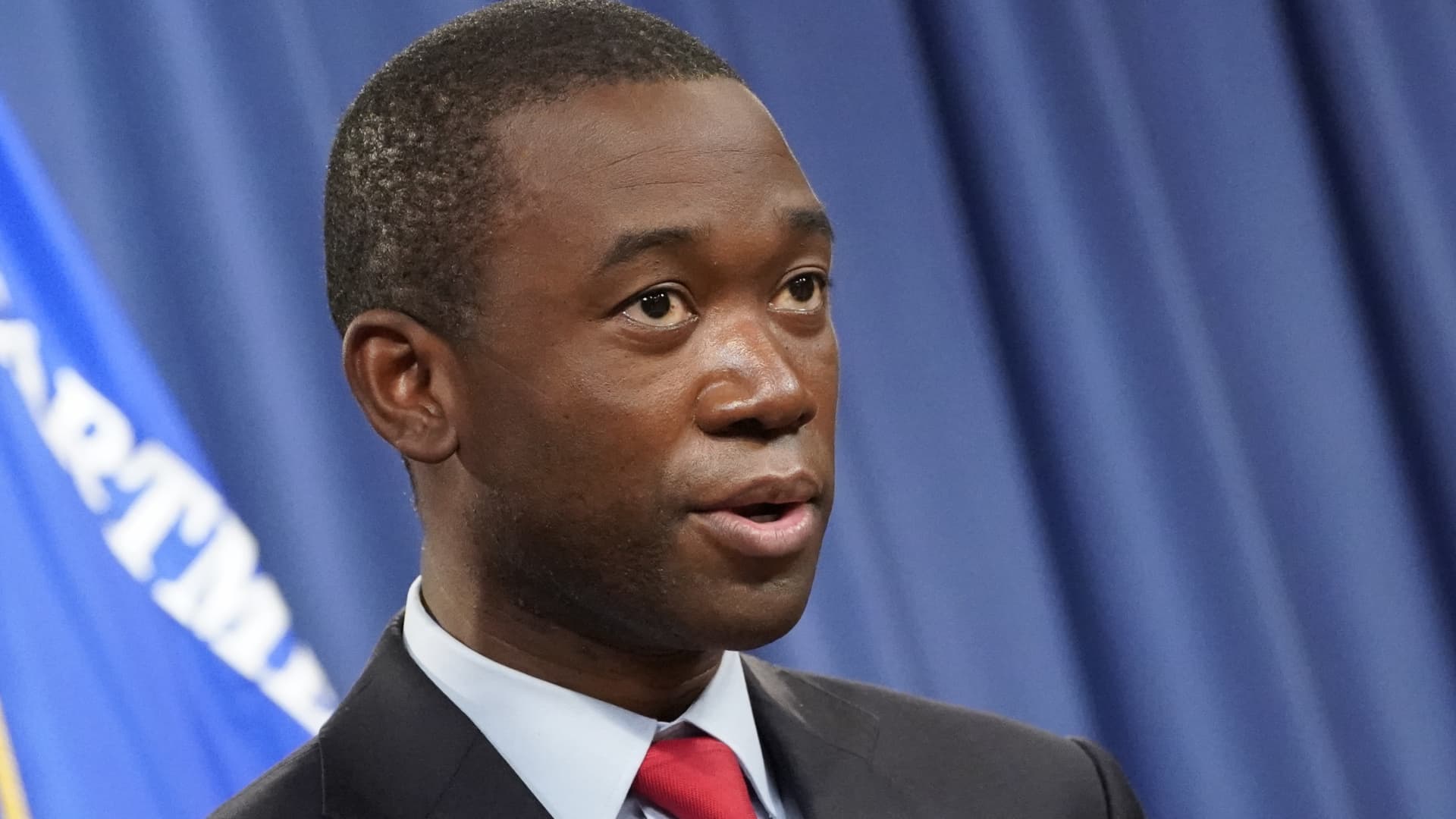 Wally Adeyemo, deputy U.S. Treasury secretary, speaks during a news conference at the Department of Justice in Washington, D.C., U.S., on Monday, Nov. 8, 2021.