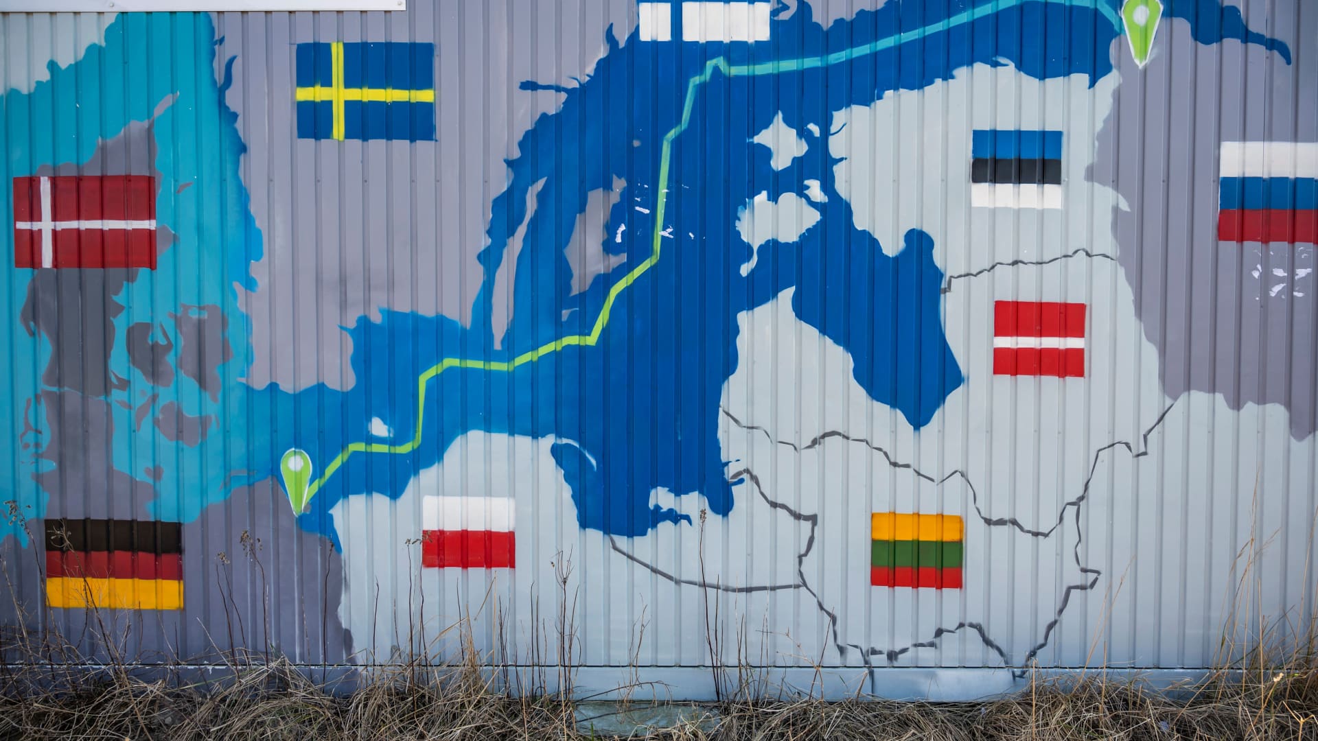 A container is decorated with a map showing the Nord Stream 2 gas pipeline, which was expected to deliver Russian gas to European households, in Lubmin's industrial park, northeastern Germany, on March 1, 2022.