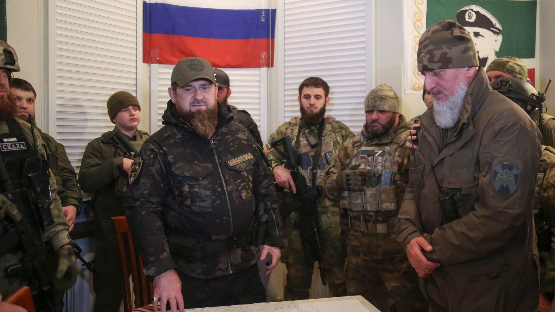 Ramzan Kadyrov, head of the Chechen Republic, at a meeting with commanders of Russia's 8th combined army of the Southern Military District and special forces units at an operations center in the city of Mariupol, Ukraine, on March 28, 2022.