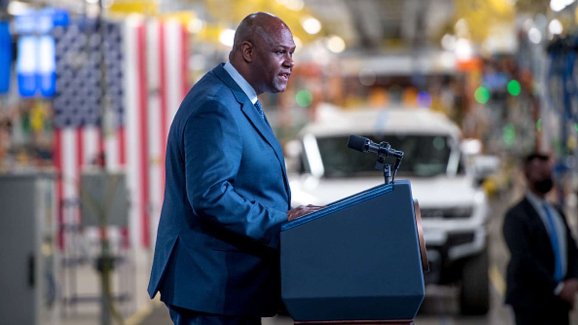 United Auto Workers President Ray Curry speaks at the General Motors Factory ZERO electric vehicle assembly plant on November 17, 2021 in Detroit, Michigan.