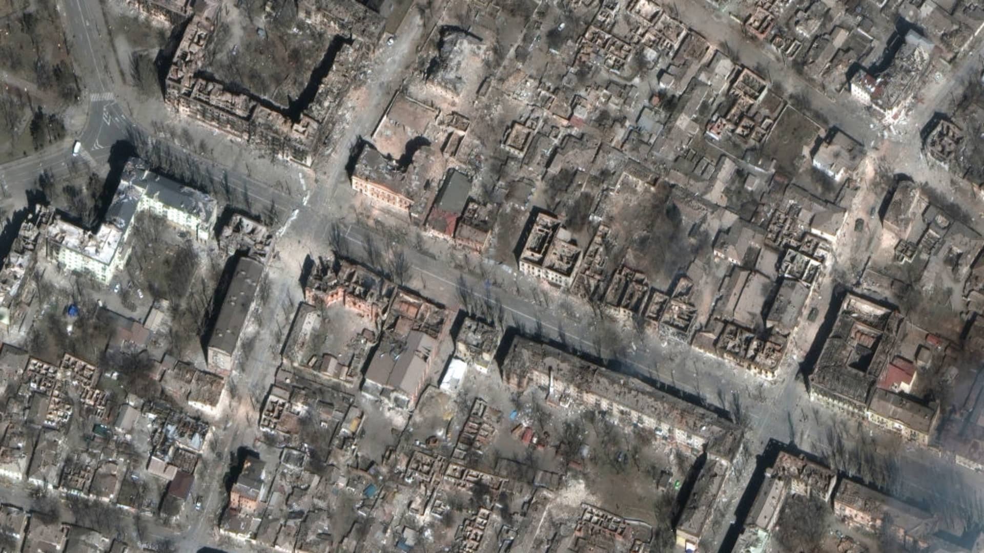Maxar satellite imagery of destruction of homes and buildings after the invasion, Mariupol, Ukraine on March 29th, 2022.