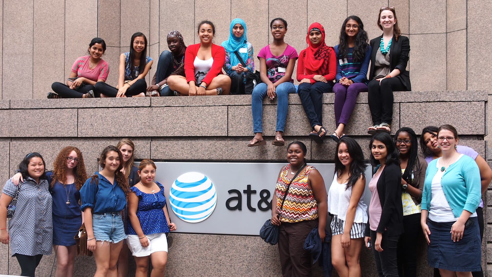 A group photo of the 20 participants in the first-ever Girls Who Code summer program in 2012 in New York City.