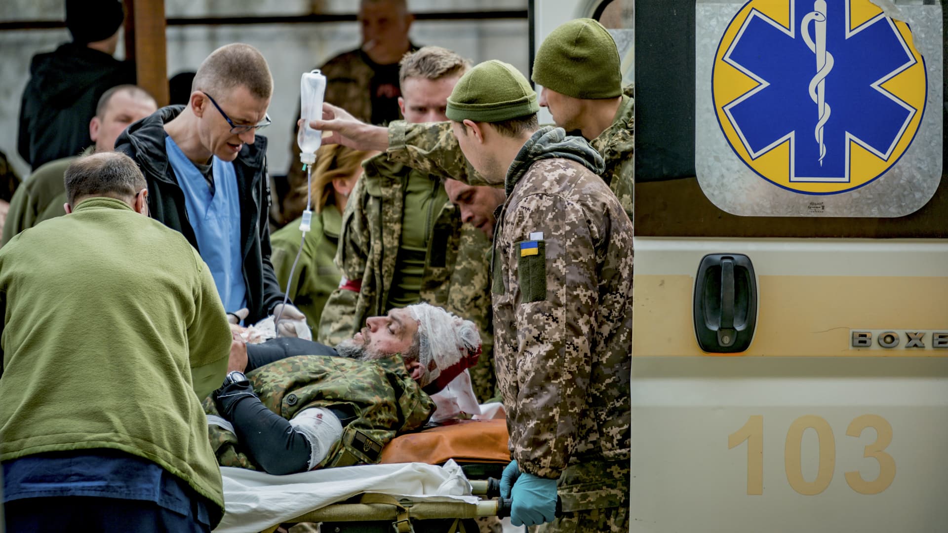 (EDITOR'S NOTE: Graphic Content) Ukrainian soldier arrives in an ambulance to the military hospital of Zaporizhzhia after being wounded in the combats of the Russia's war in Ukraine. 