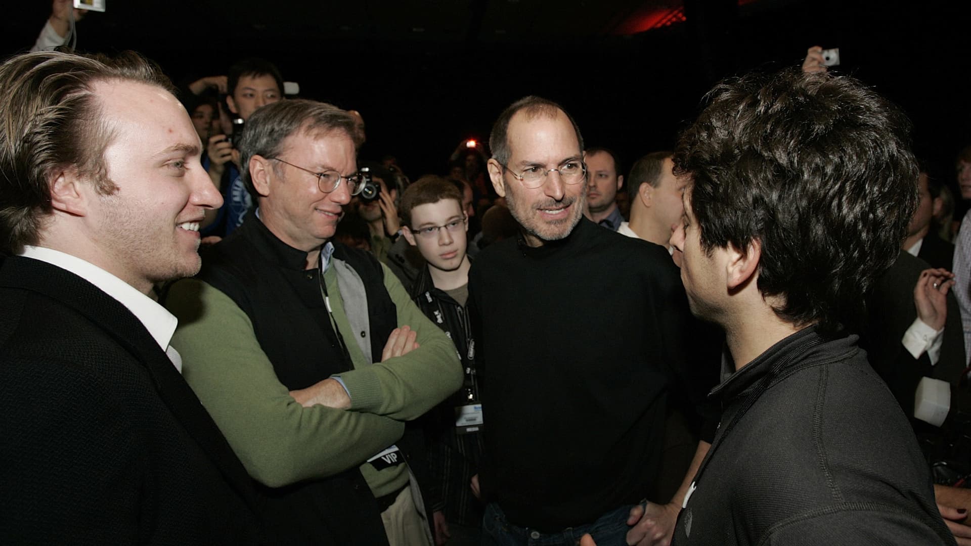 You Tube founder, Chad Hurley, Google CEO Eric Schmidt, Apple CEO and co-founder Steve Jobs and Google co-founder Sergey Brin, talk after Jobs delivered the keynote speech to kick off the 2008 Macworld at the Moscone Center January 15, 2008 in San Francisco, California.