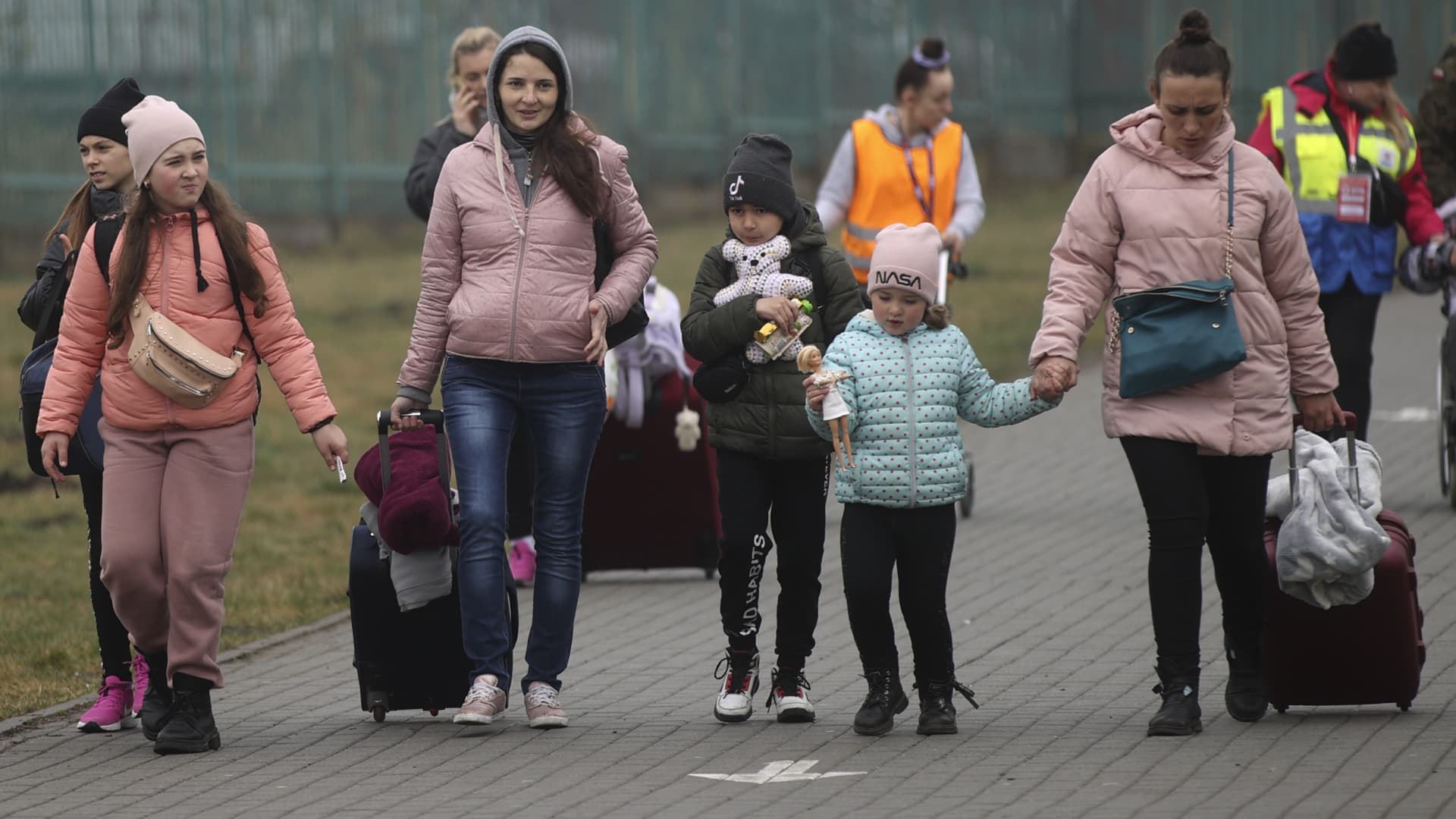 Civilians, fleeing from Ukraine due to ongoing Russian attacks, continue to arrive at the Medyka border in Przemysl, Poland on March 31, 2022.