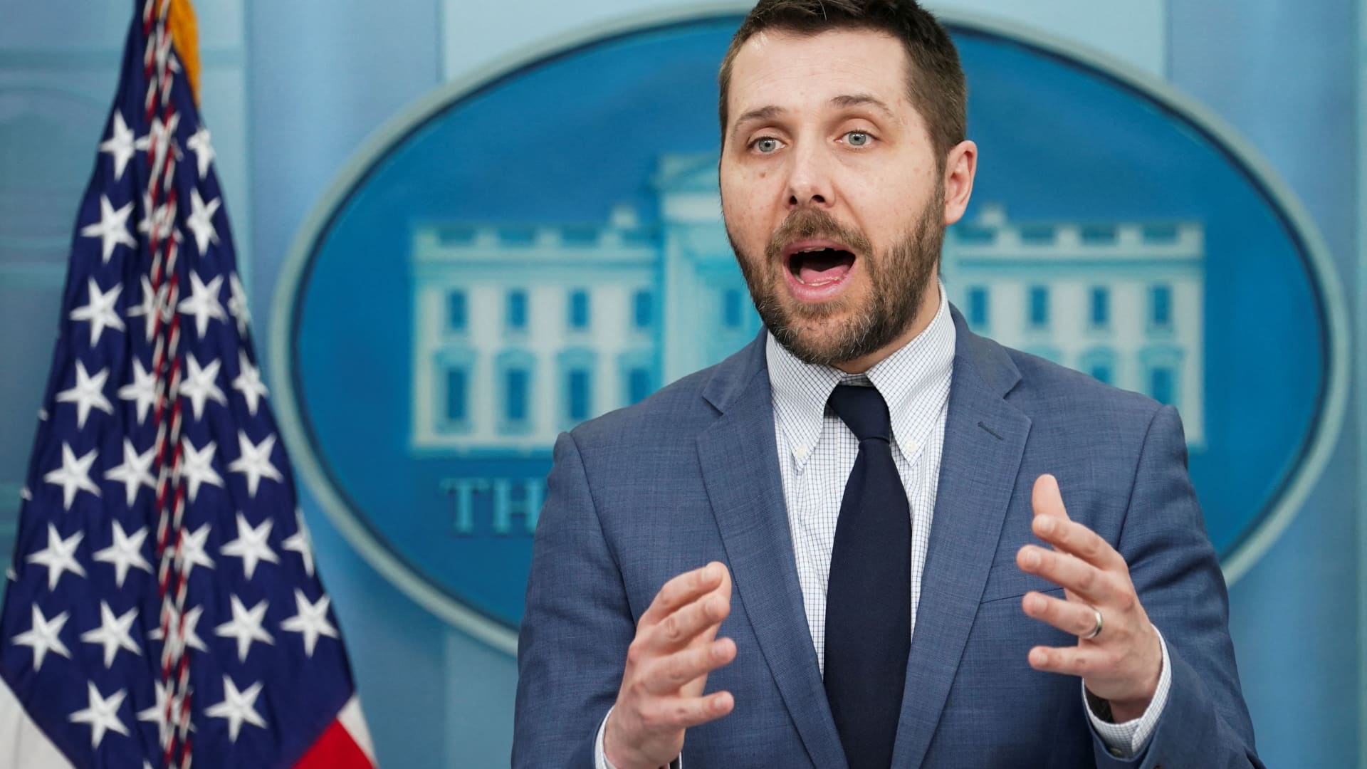 White House economic adviser Brian Deese speaks during a press briefing at the White House in Washington, March 31, 2022.
