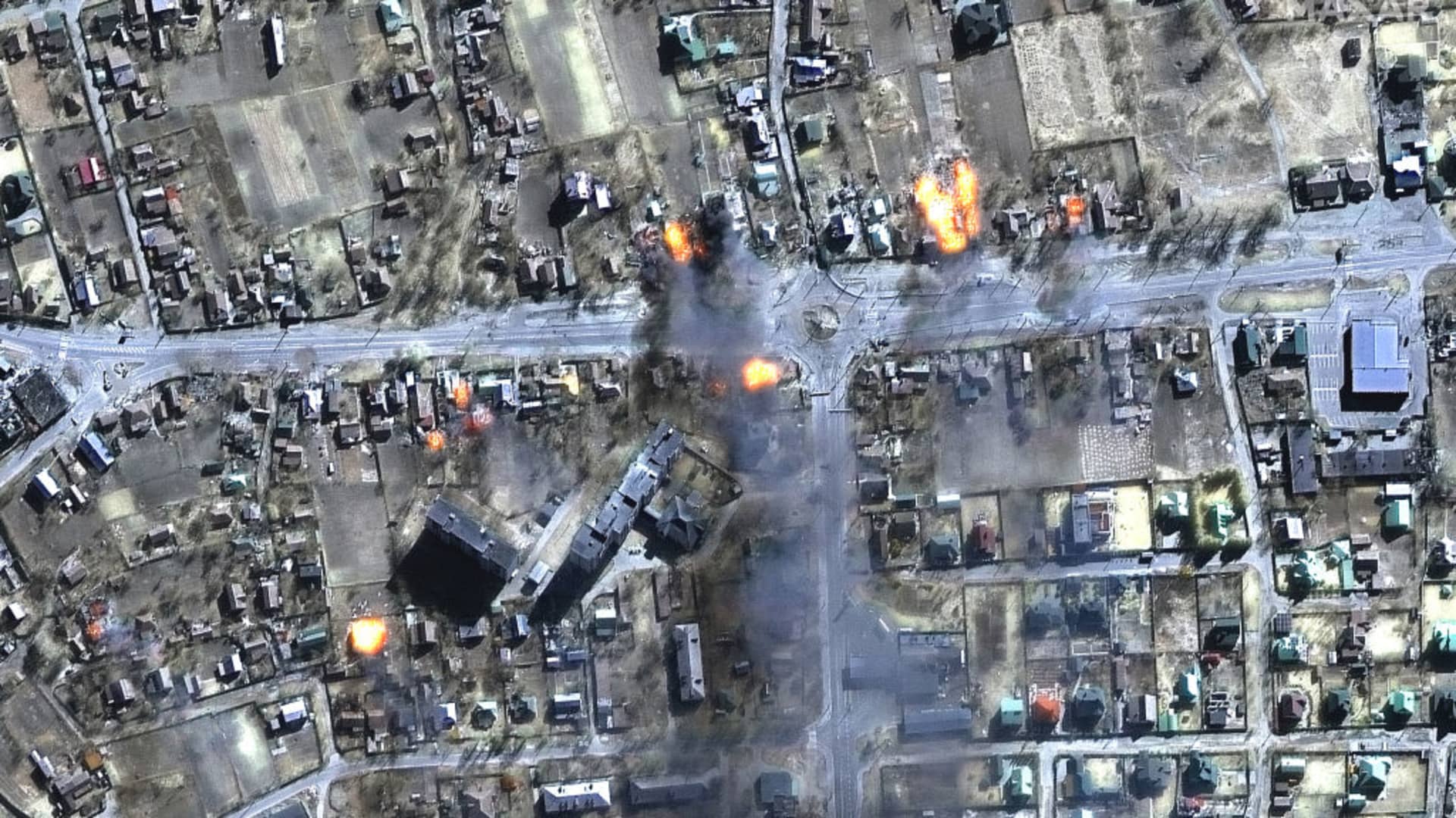 Maxar satellite multispectral image shows burning homes in residential area of Chernihiv on March 16, 2022.