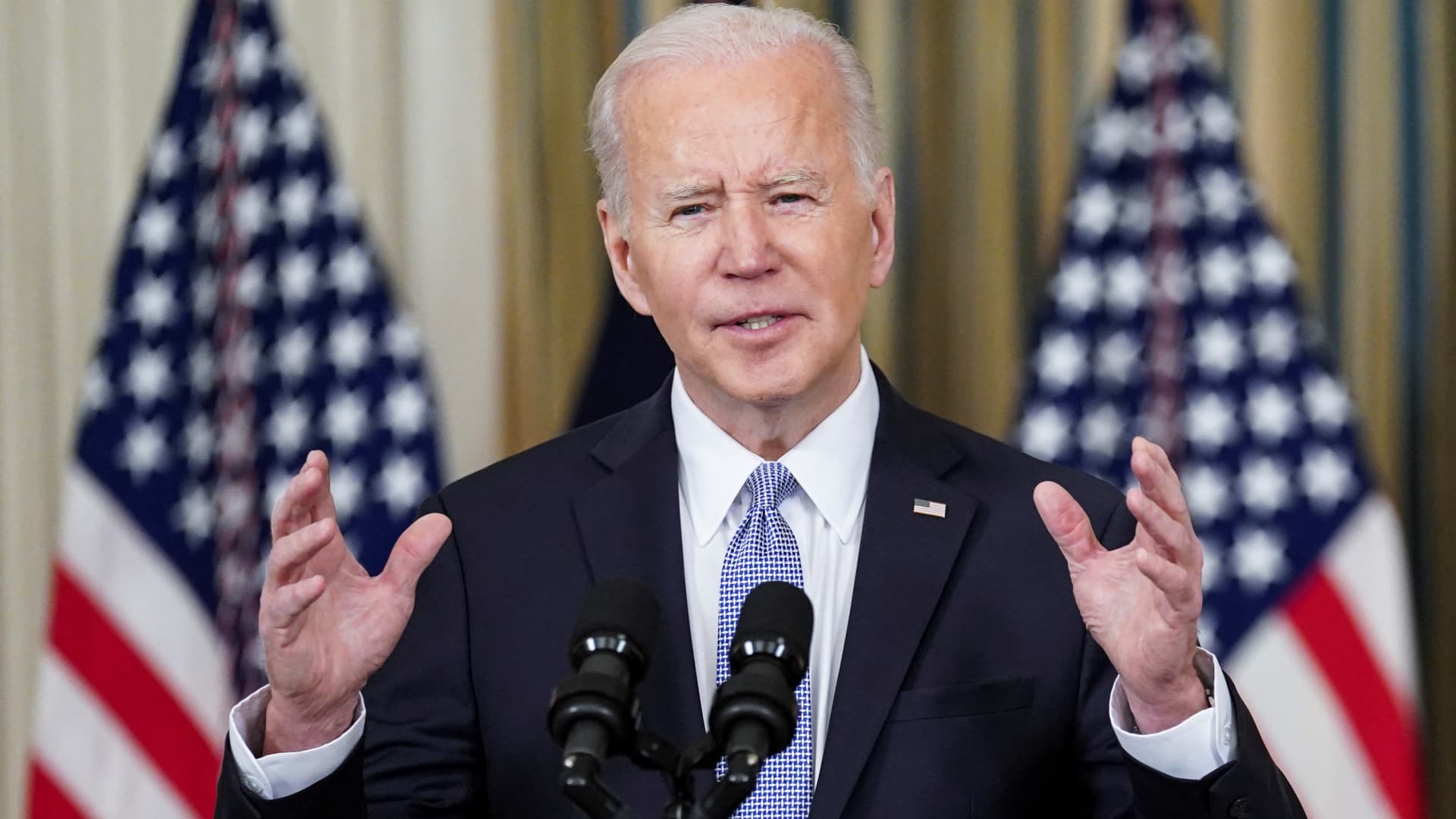 U.S. President Joe Biden delivers remarks on the March jobs report, during a speech in the State Dining Room at the White House in Washington, U.S., April 1, 2022.