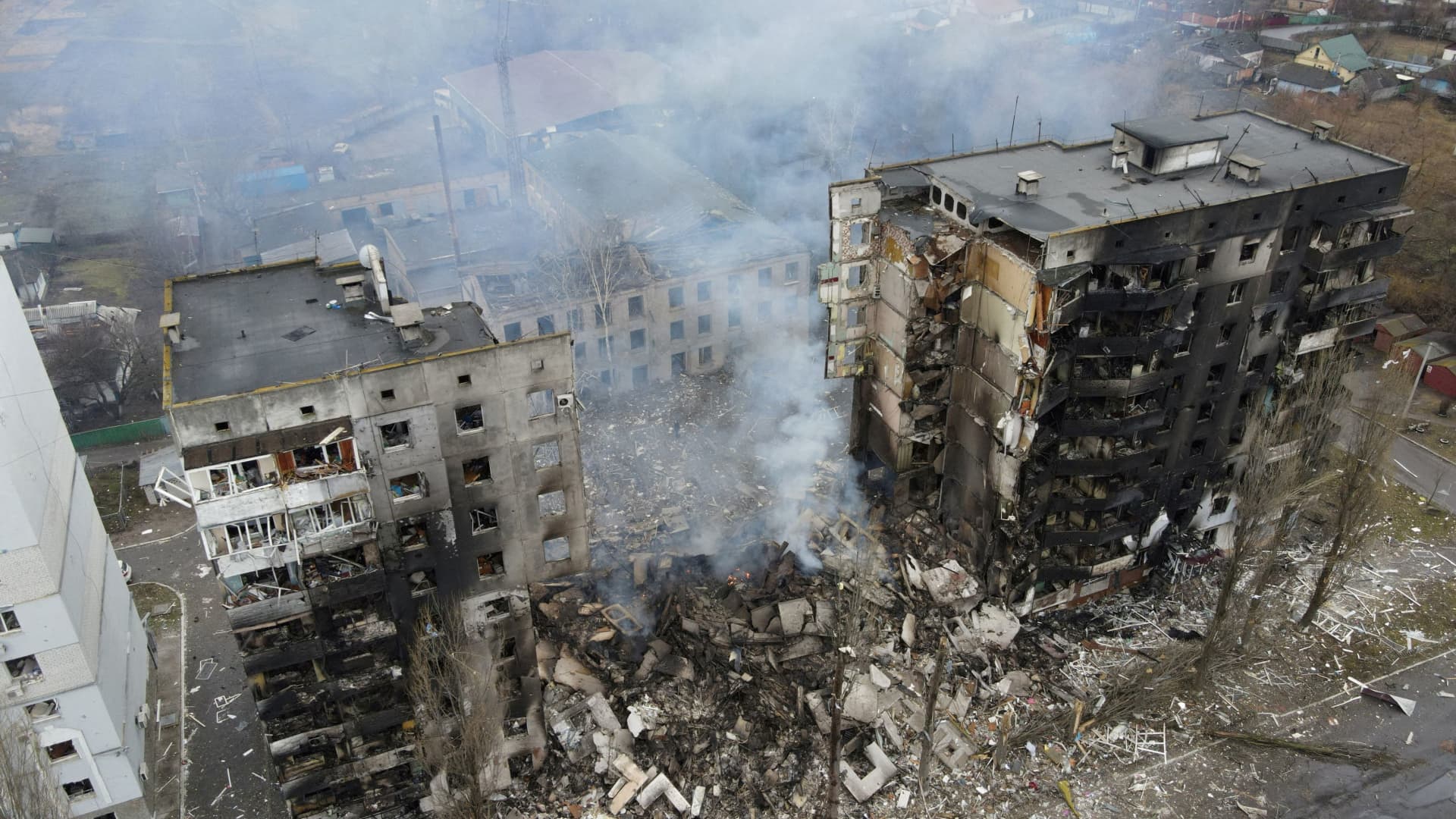 FILE PHOTO: An aerial view shows a residential building destroyed by shelling, as Russia's invasion of Ukraine continues, in the settlement of Borodyanka in the Kyiv region, Ukraine March 3, 2022. Picture taken with a drone. 