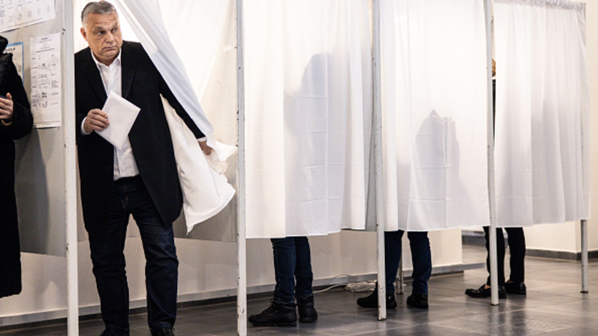 Viktor Orban, Hungary's prime minister, leaves a booth after marking his ballot at a polling station in Budapest, Hungary, on Sunday, April 3, 2022.