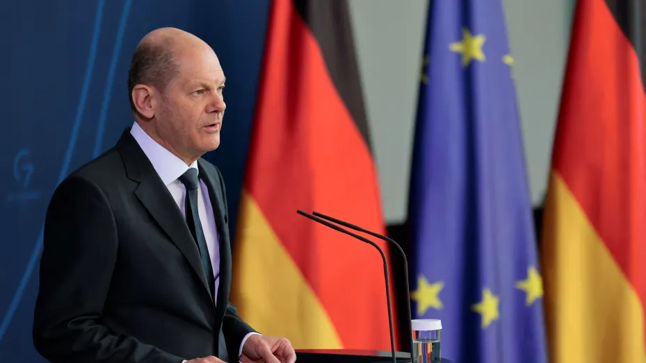 German Chancellor Olaf Scholz gives a press statement about the war crimes discovered the day before in Bucha, Ukraine, at the Chancellery in Berlin, Germany April 3, 2022.  Hannibal Hanschke/Pool via REUTERS