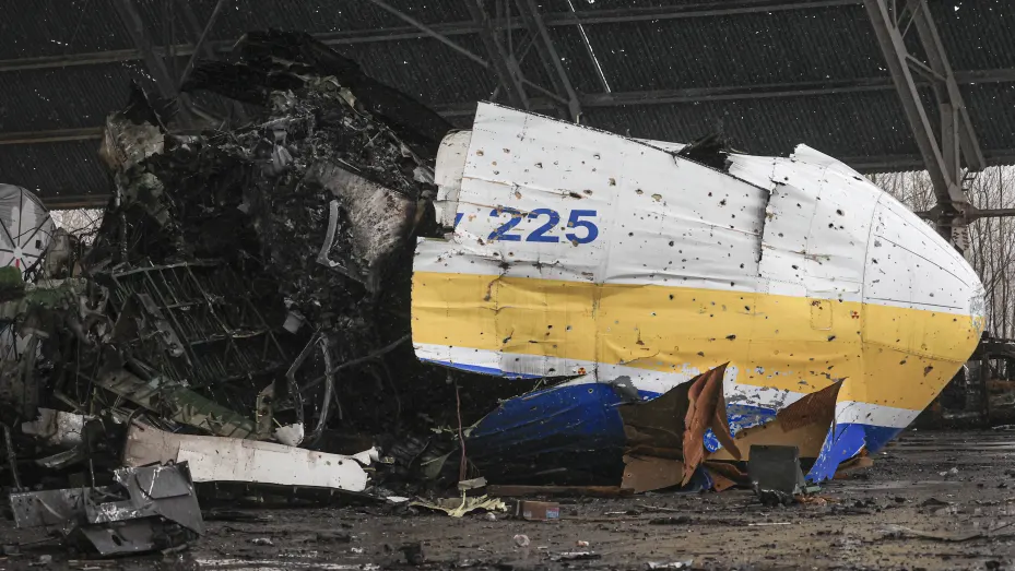 HOSTOMEL, UKRAINE - APRIL 03: A view of the wreckage of Antonov An-225 Mriya cargo plane, the world's biggest aircraft, destroyed by Russian shelling as Russia's attack on Ukraine continues, at an airshed in Hostomel, Ukraine on April 03, 2022. The wreckage of the world's largest cargo plane Antonov An-225, which was severely damaged and rendered unusable due to Russian bombardments, was viewed by Anadolu Agency. (Photo by Metin Aktas/Anadolu Agency via Getty Images)