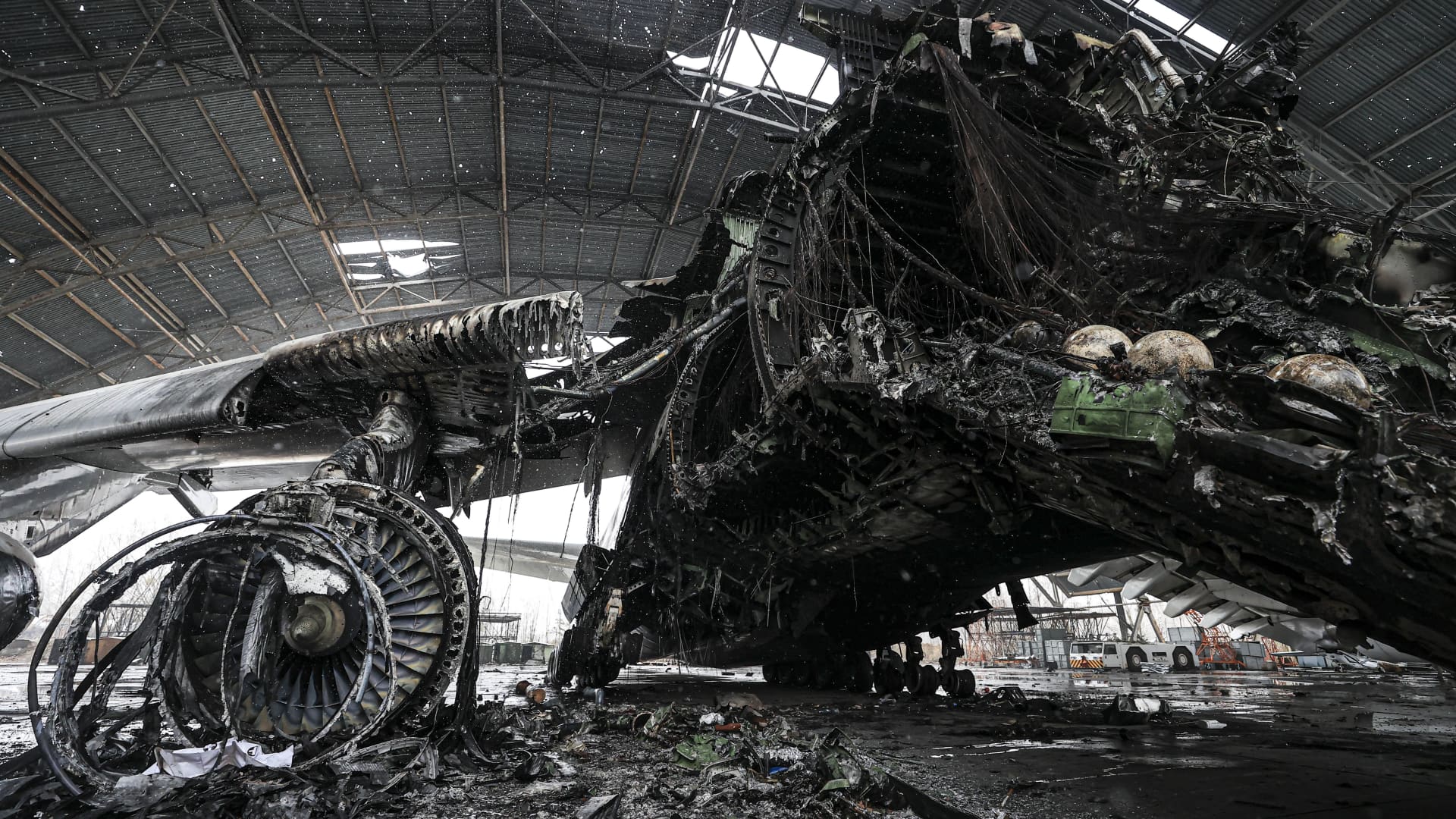 A view of the wreckage of Antonov An-225 Mriya cargo plane, the world's biggest aircraft, destroyed by Russian shelling as Russia's attack on Ukraine continues, at an airshed in Hostomel, Ukraine on April 03, 2022. 