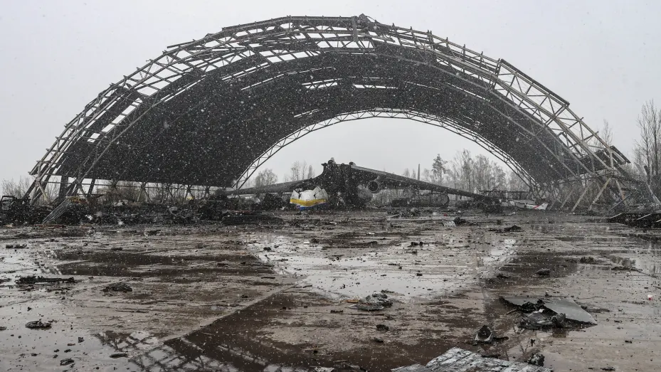 A view of the wreckage of Antonov An-225 Mriya cargo plane, the world's biggest aircraft, destroyed by Russian shelling as Russia's attack on Ukraine continues, at an airshed in Hostomel, Ukraine on April 03, 2022.