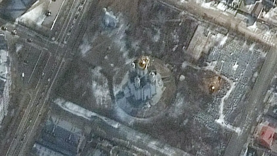 A satellite image shows first signs of excavation of a mass grave on the grounds of the Church of St. Andrew and Pyervozvannoho All Saints, in Bucha, Ukraine, March 10, 2022. Picture taken March 10, 2022.
