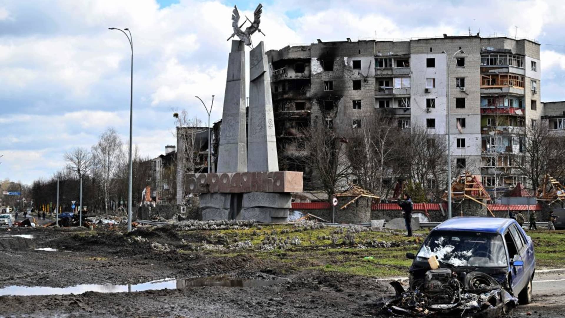 The wreckage of a car at the central square of Borodyanka on April 4, 2022.