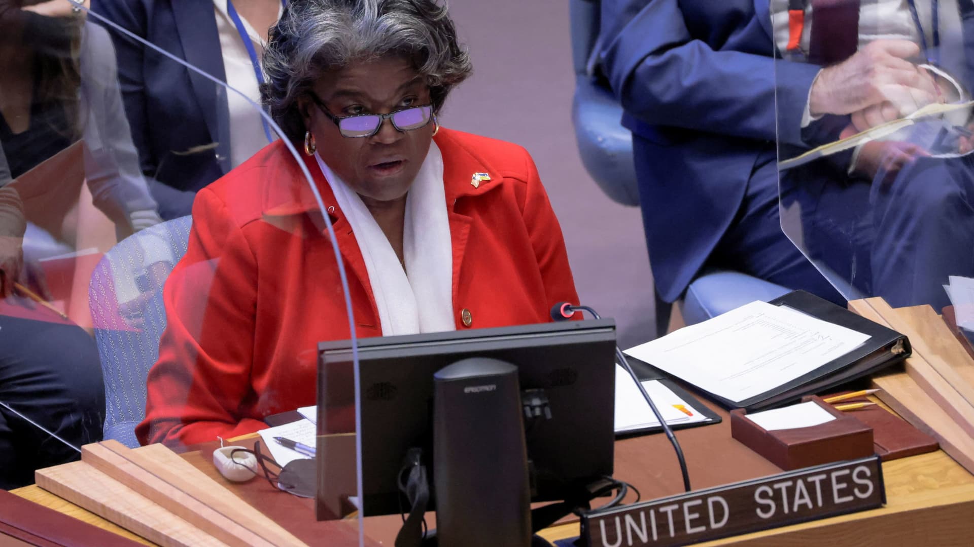 U.S. Ambassador to the United Nations Linda Thomas-Greenfield addresses the United Nations Security Council during a meeting, amid Russia's invasion of Ukraine, at the United Nations Headquarters in Manhattan, New York City, New York, April 5, 2022.