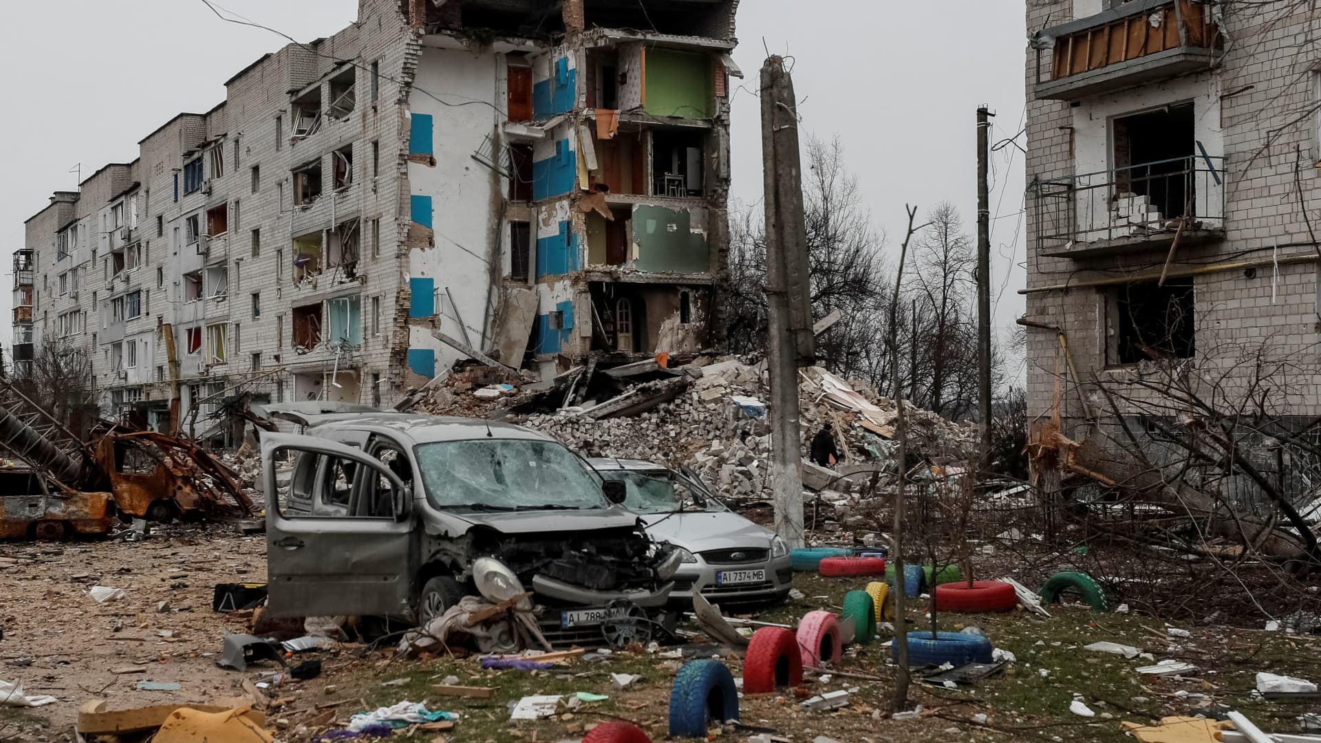 Destroyed houses are seen in Borodyanka in the Kyiv region, April 5, 2022.