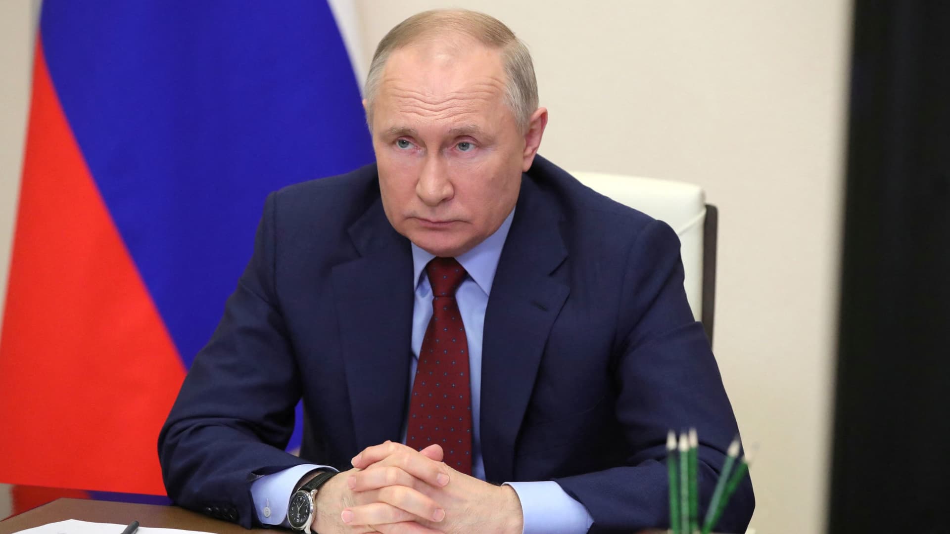 Russian President Vladimir Putin chairs a meeting on the country's agricultural and fish industries via a video link at a residence outside Moscow, Russia April 5, 2022. 