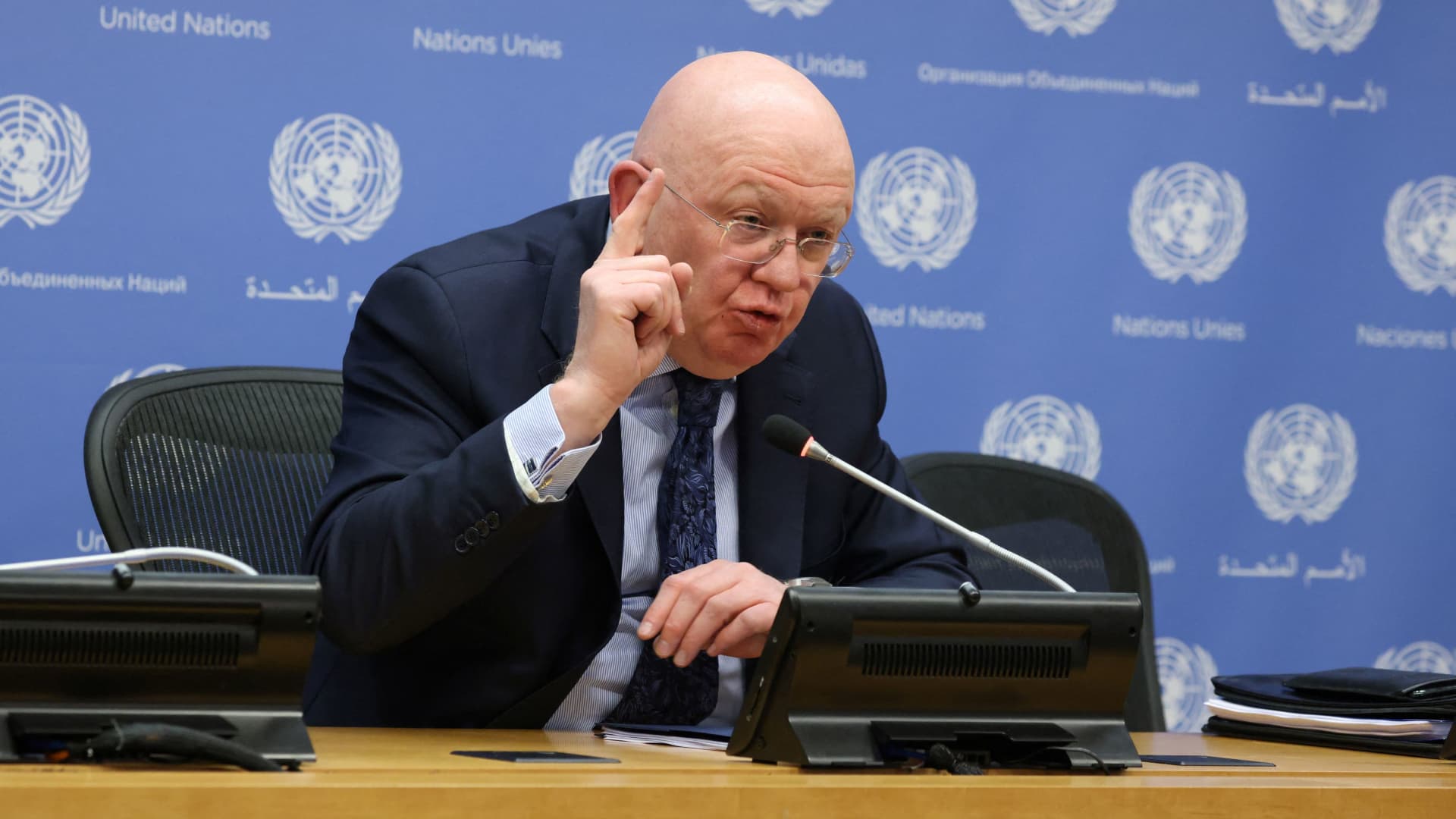 Russian Ambassador to the UN Vassily Nebenzia addresses journalists regarding the Russian invasion of Ukraine at the United Nations Headquarters in Manhattan, New York City, U.S., April 4, 2022. 
