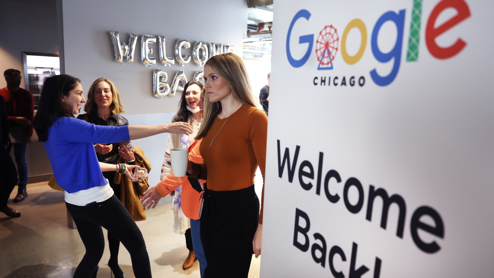 Employees are welcomed back to work with breakfast in the cafeteria at the Chicago Google offices on April 05, 2022 in Chicago, Illinois. 