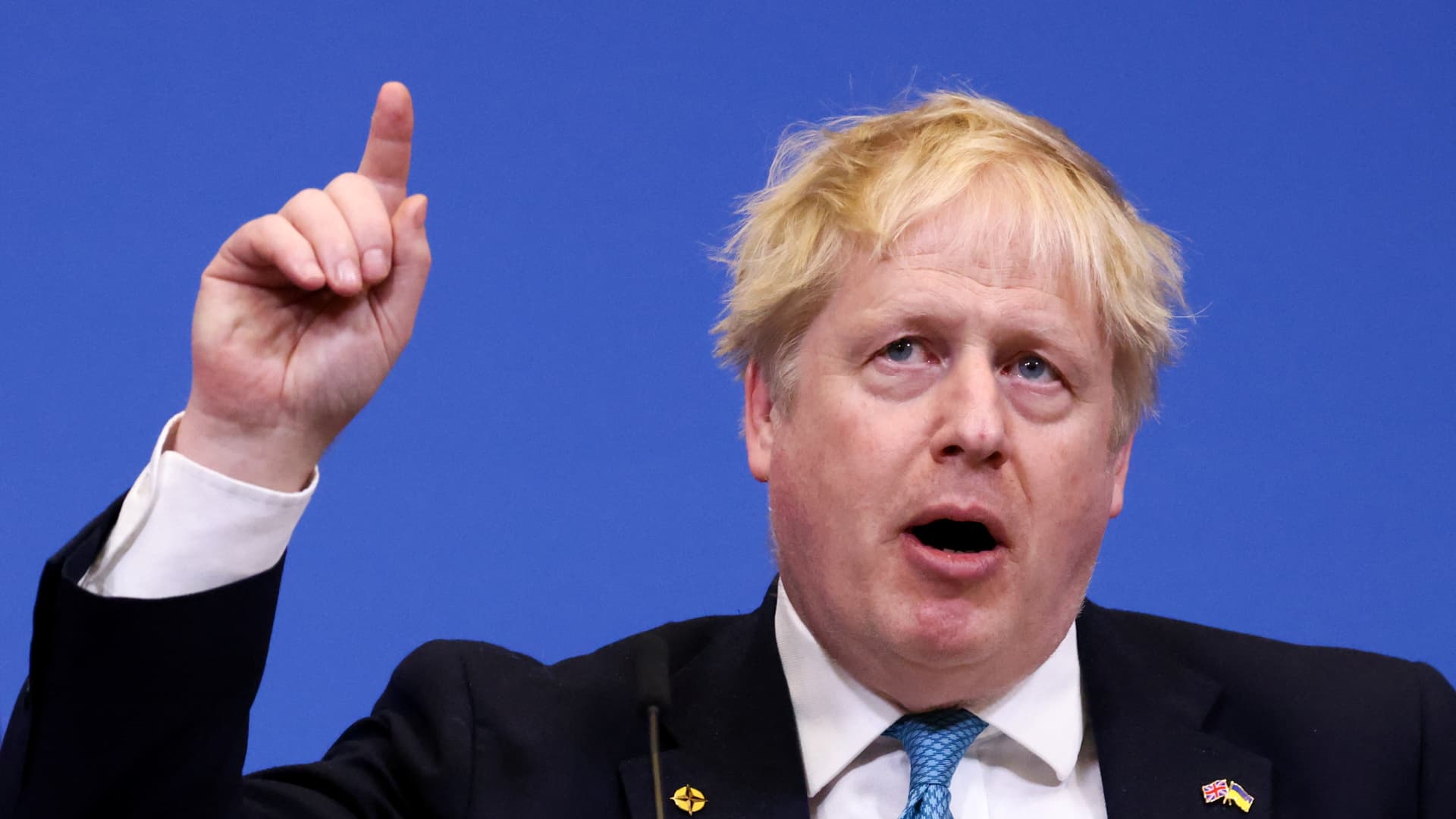 Britain's Prime Minister Boris Johnson addresses the media during a press conference following a NATO summit on Russia's invasion of Ukraine on March 24, 2022.