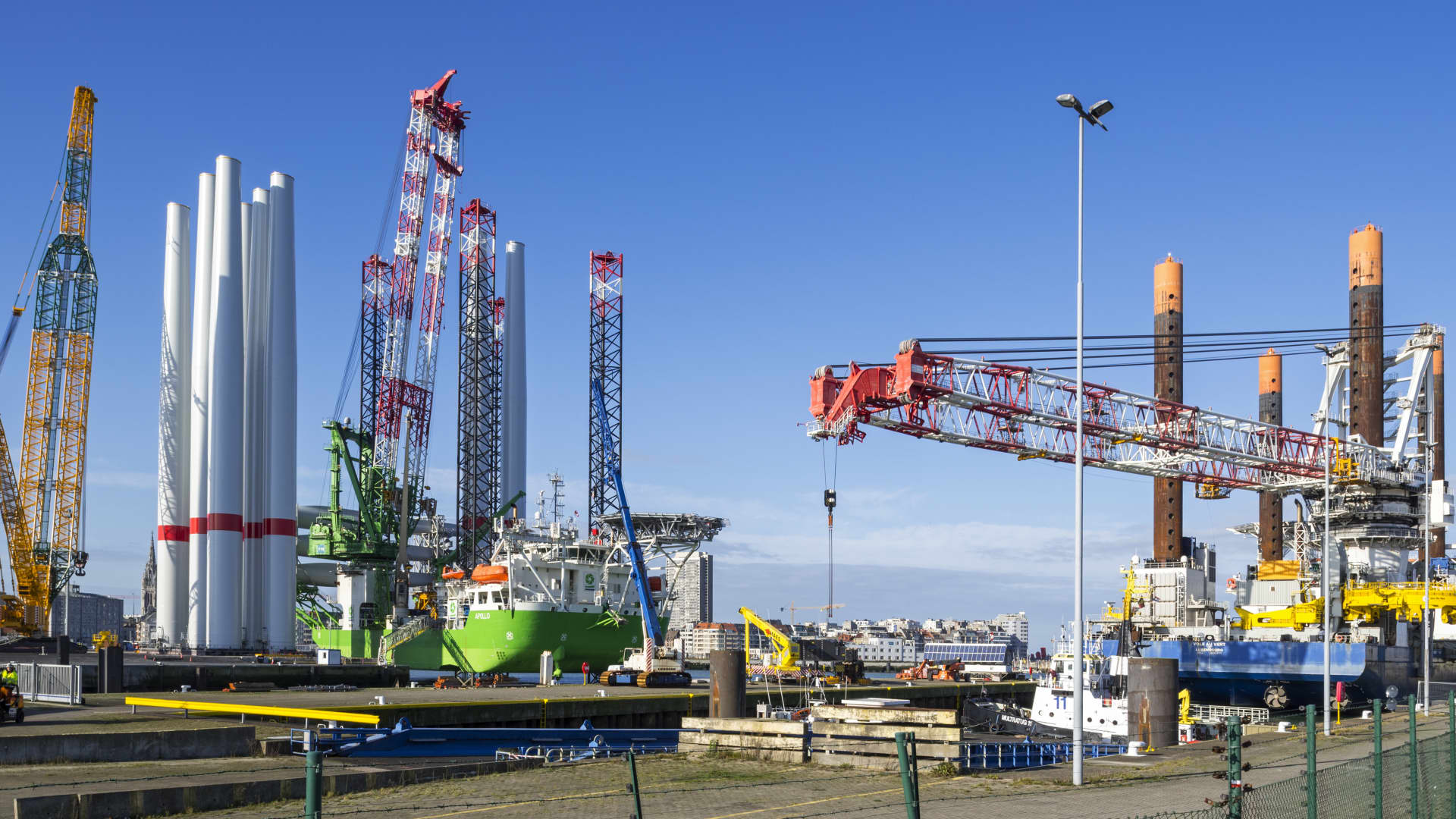 Installation vessels moored in Ostend, Belgium. Industry bodies from the wind energy sector are calling for significant investment in port infrastructure to help cope with the rapid expansion of wind farms.