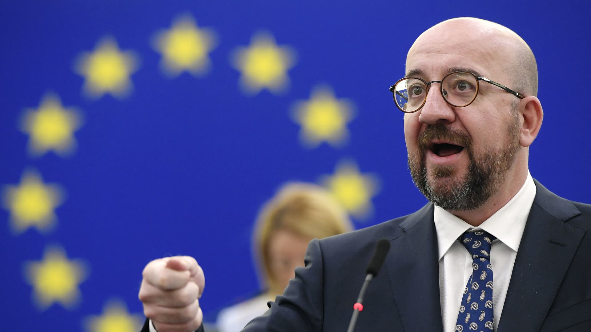 European Council President Charles Michel gestures as he speaks during a debate on the conclusions of the European Council meeting regarding Russian invasion of Ukraine during a plenary session at the European Parliament in Strasbourg, eastern France, on April 6, 2022.