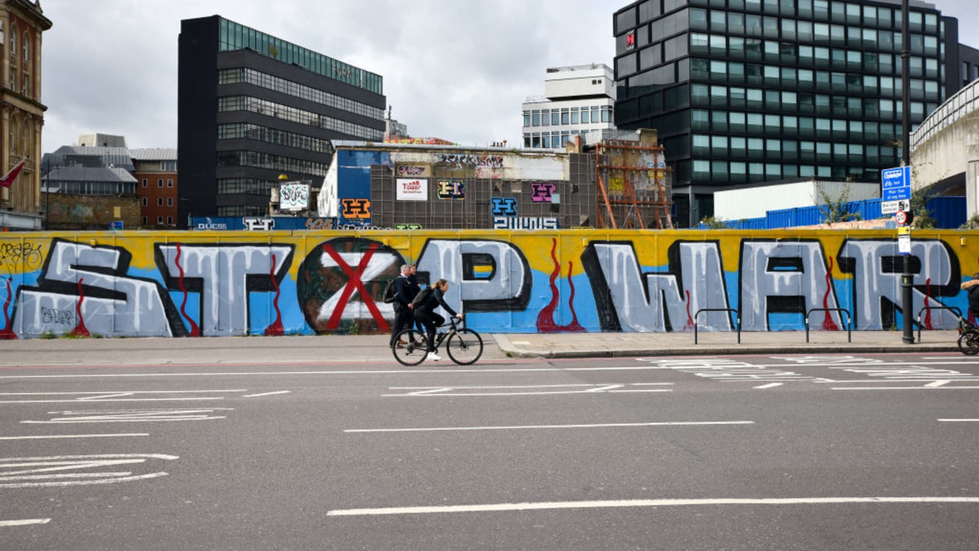 Stop the War and the pro Russian 'Z' with a cross through it, solidarity with Ukraine graffiti in Shoreditch, London.