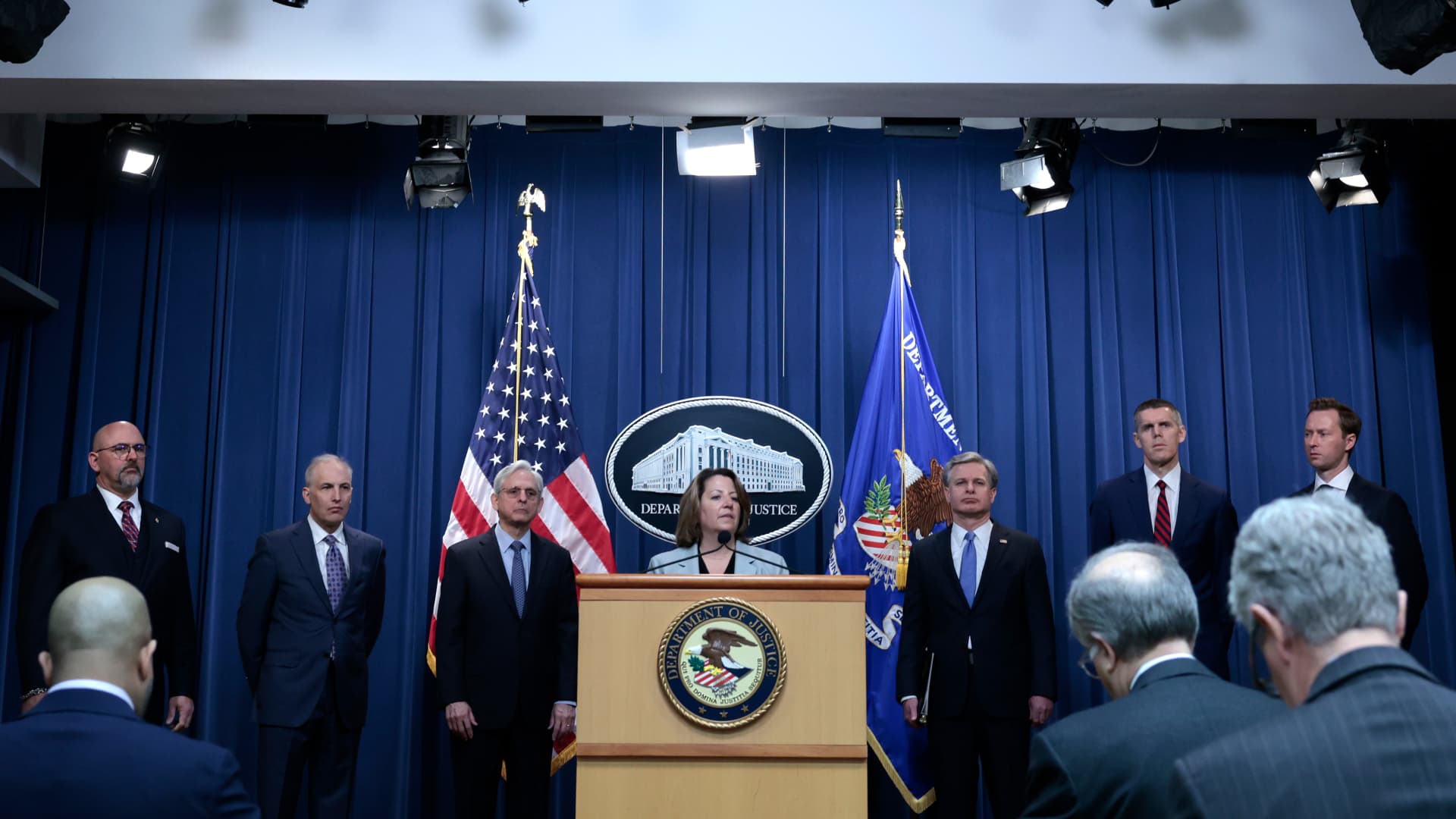 U.S.Deputy U.S. Attorney General Lisa Monaco speaks during a press conference at the U.S. Justice Department on April 06, 2022 in Washington, DC. U.S.