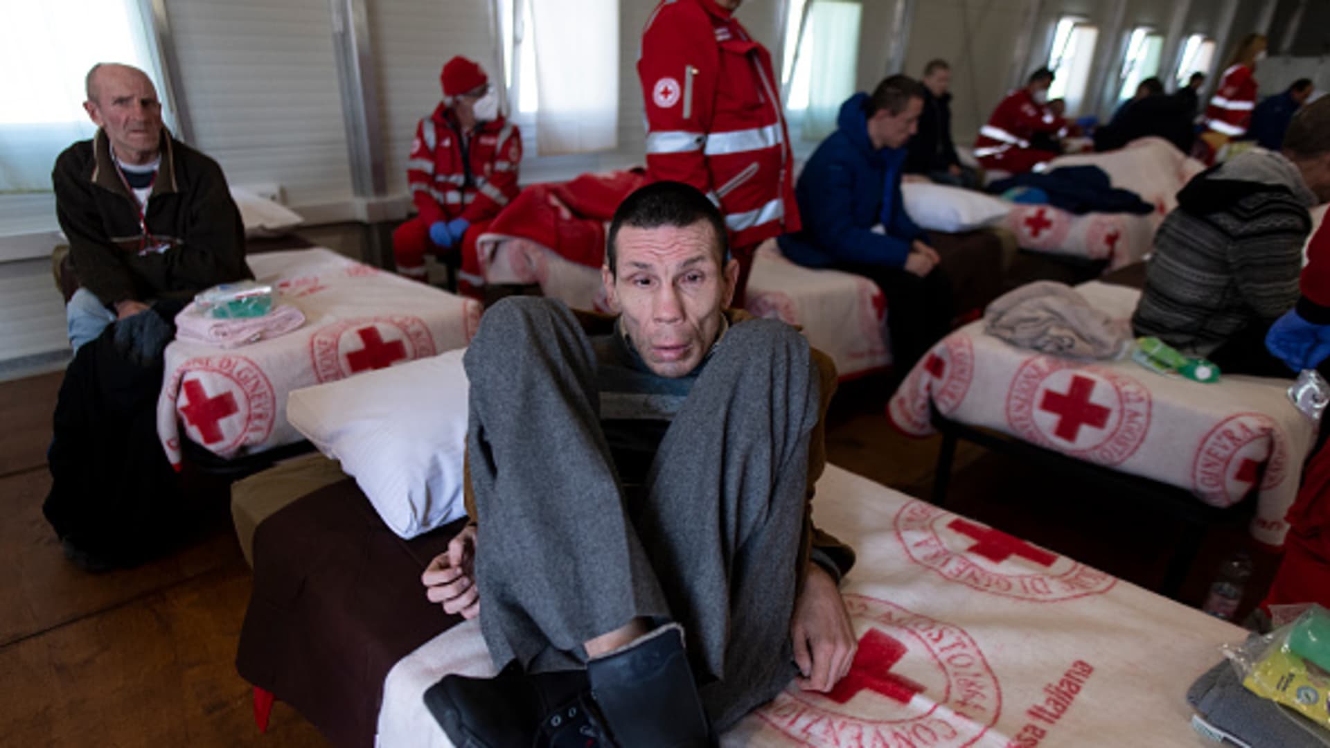 Ukrainian refugee looked after by Red Cross volunteers inside the Red Cross Headquarters on April 7, 2022 in Settimo Torinese near Turin, Italy.
